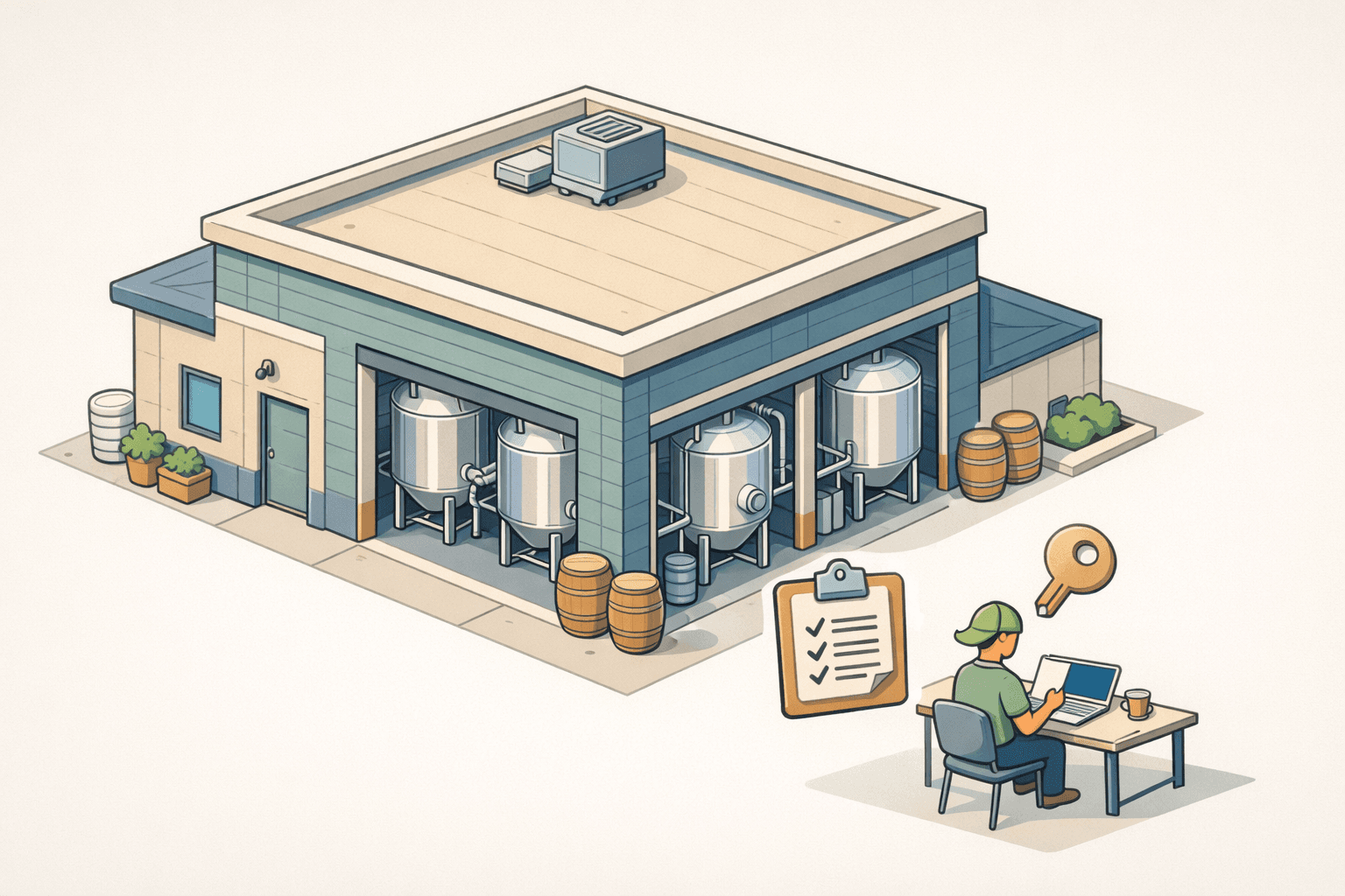 A craft brewery with fermentation tanks and a small business owner reviewing loan documents outside the building.