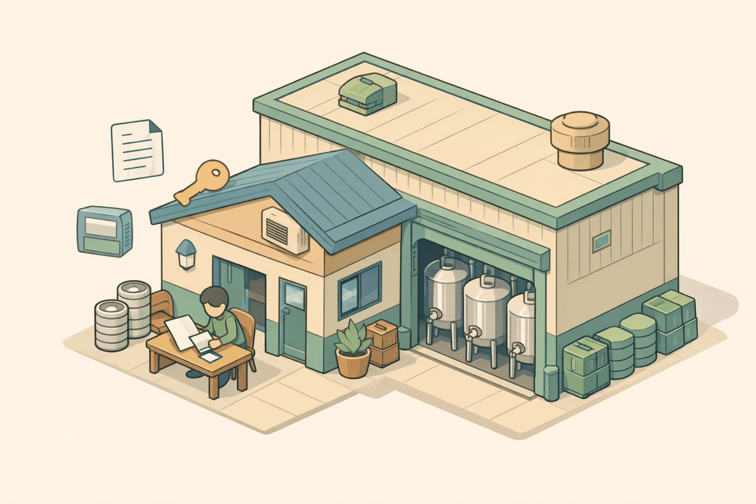 A small craft brewery building with fermentation tanks and a business owner reviewing loan documents near the entrance.