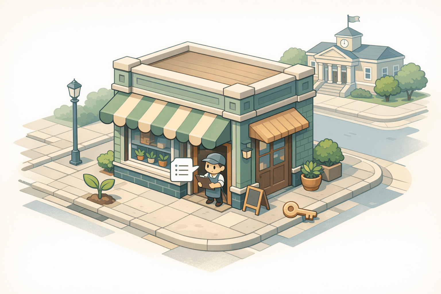 Small business owner reviewing loan documents outside a community lending office on a quiet neighborhood street