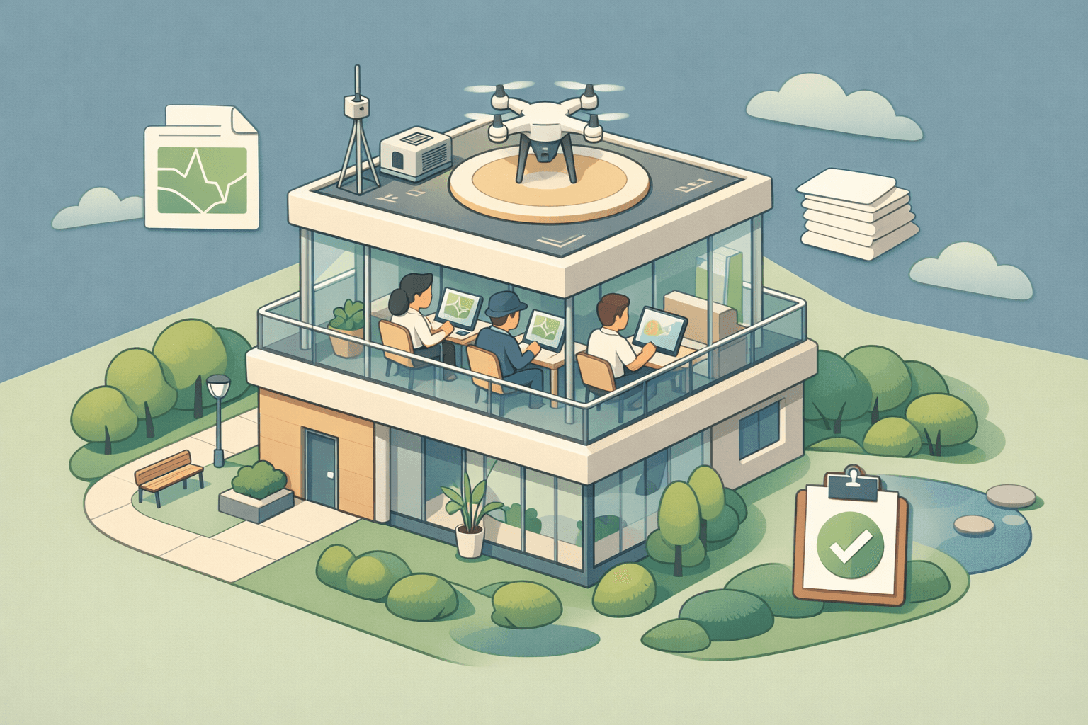 Isometric startup office with a rooftop drone pad and tiny figures reviewing aerial maps inside a modern workspace