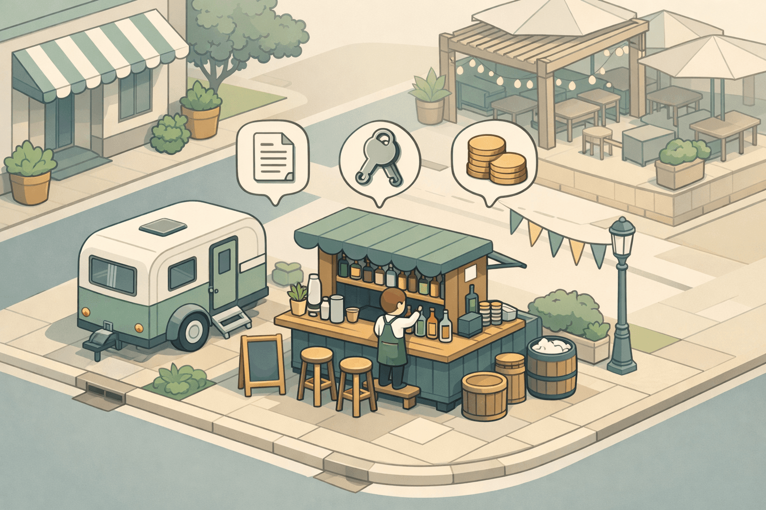 A mobile bar cart setup at an outdoor event with equipment and a small bartender figure nearby