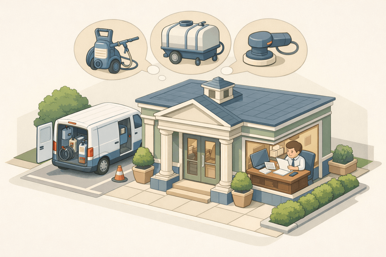 A mobile detailing van parked near a small business bank with equipment icons floating nearby
