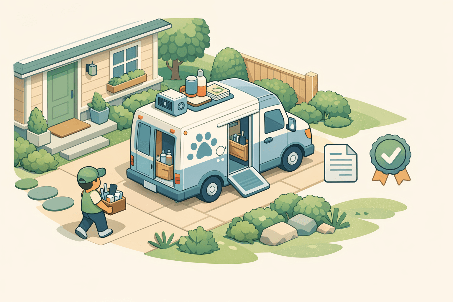 A mobile dog grooming van parked in front of a house with a small business owner preparing grooming equipment nearby.