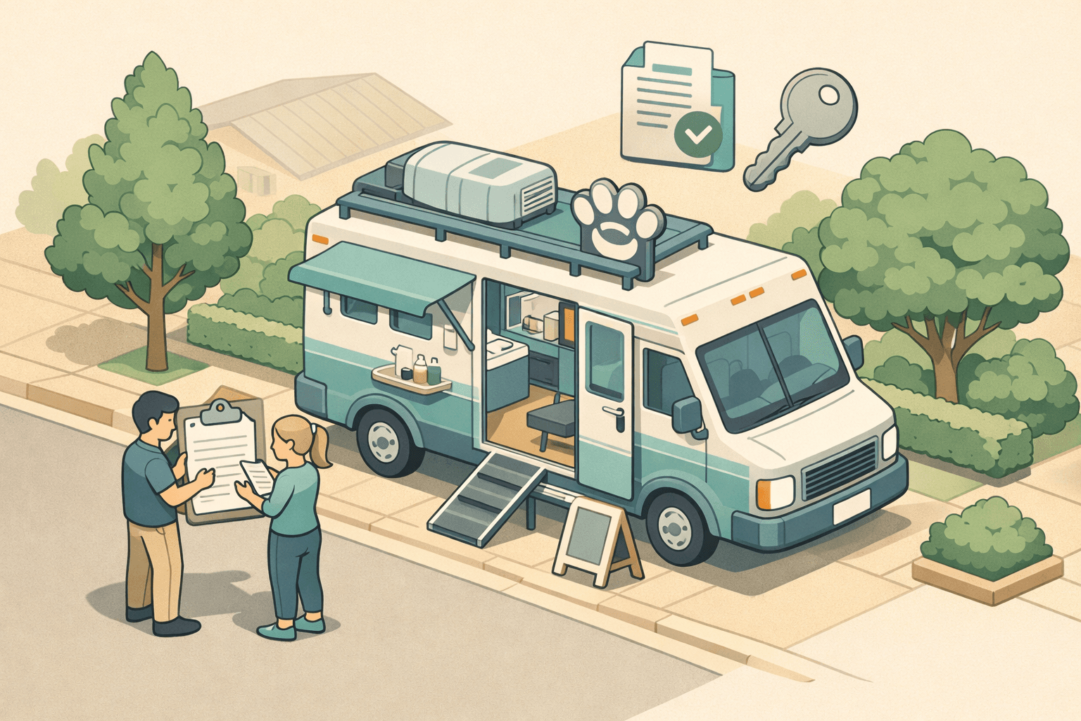 A specialized mobile dog grooming van parked on a neighborhood street with a small business owner reviewing startup loan documents nearby.