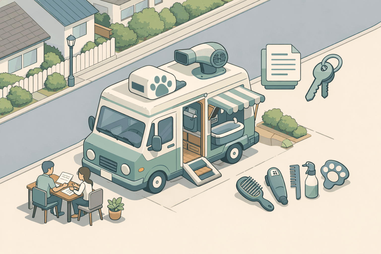 A specialized mobile dog grooming van parked in a neighborhood with small figures reviewing business loan documents nearby