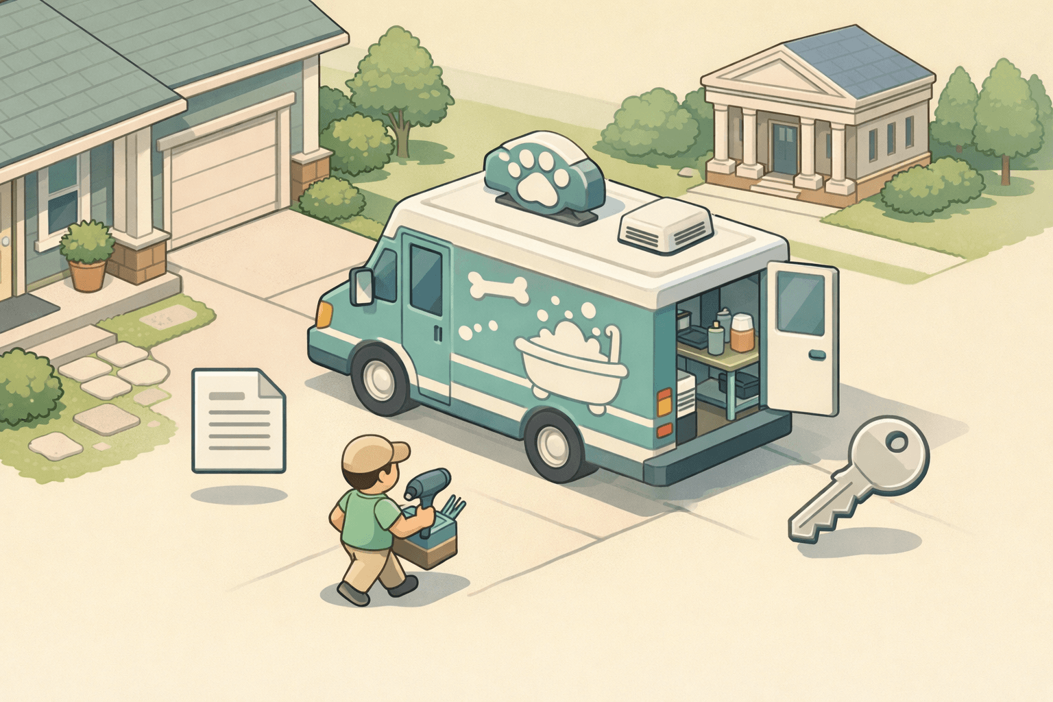 A mobile dog grooming van parked in a suburban neighborhood with grooming equipment and a small business owner nearby.
