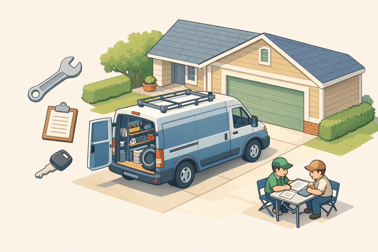 A mobile mechanic service van parked outside a home with tools and documents nearby representing a freelance mechanic startup