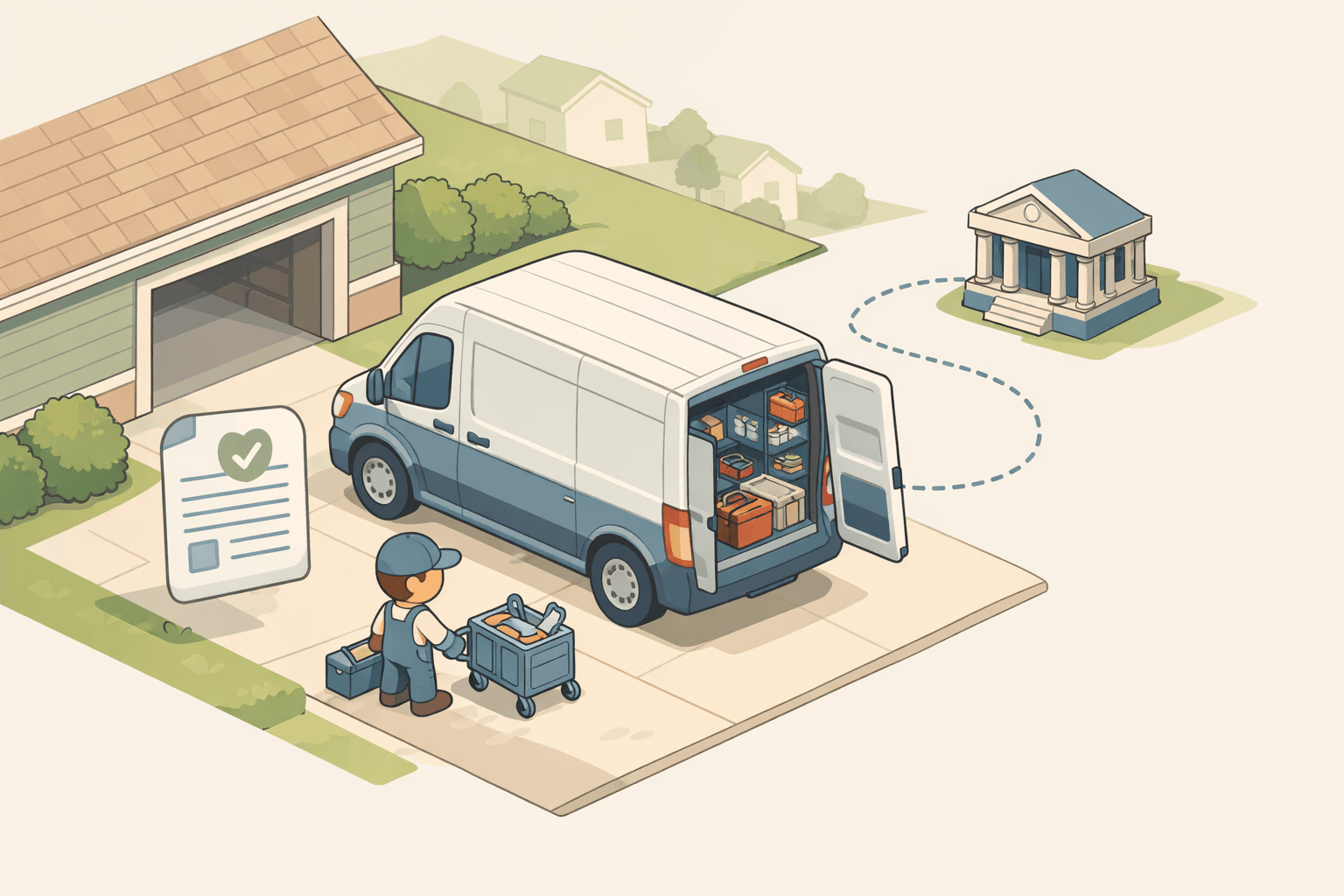 A mobile mechanic service van parked outside a home with tools and equipment, representing a freelance mechanic startup business.