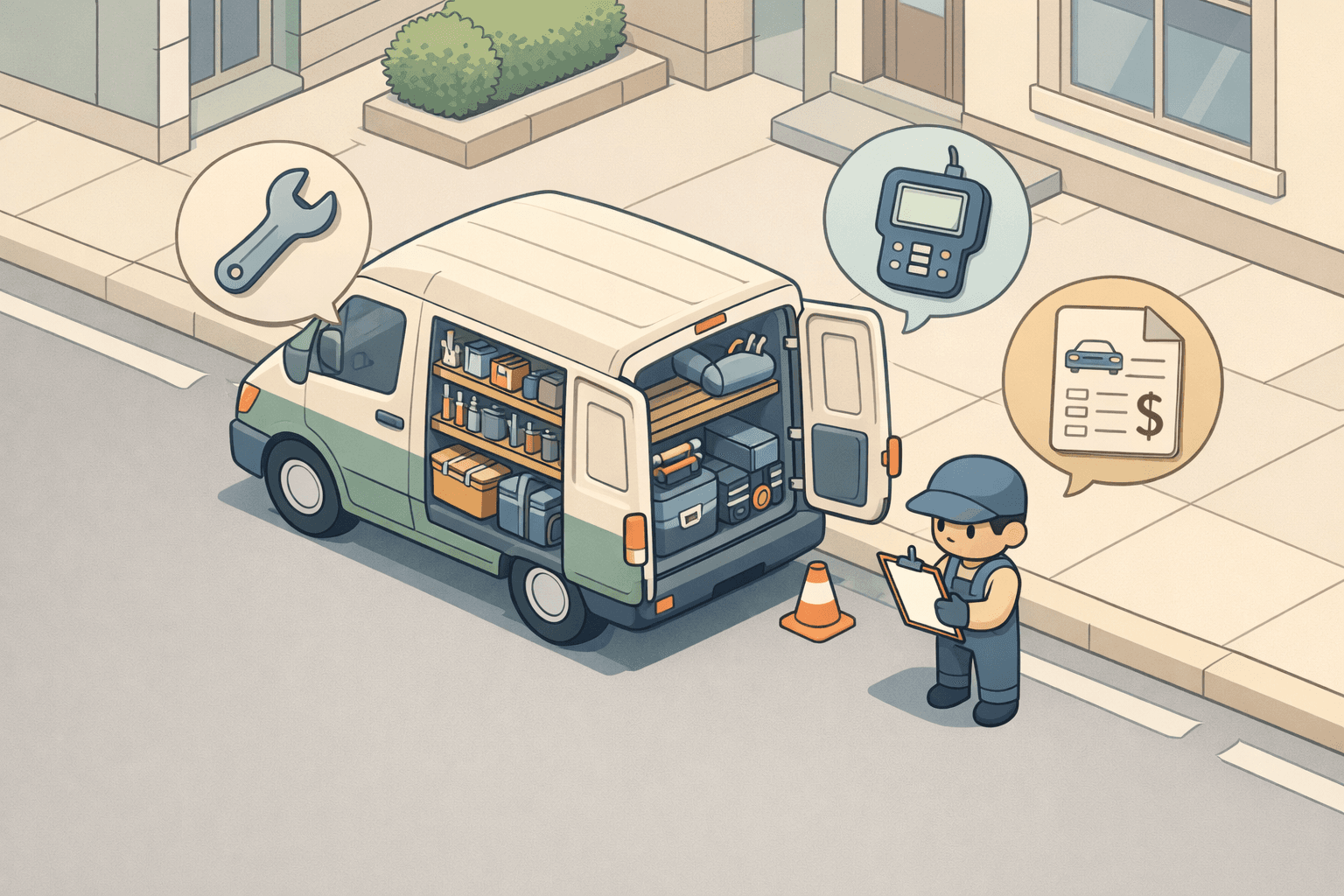 A mobile mechanic van with open tool storage and a small figure reviewing documents beside specialized automotive equipment