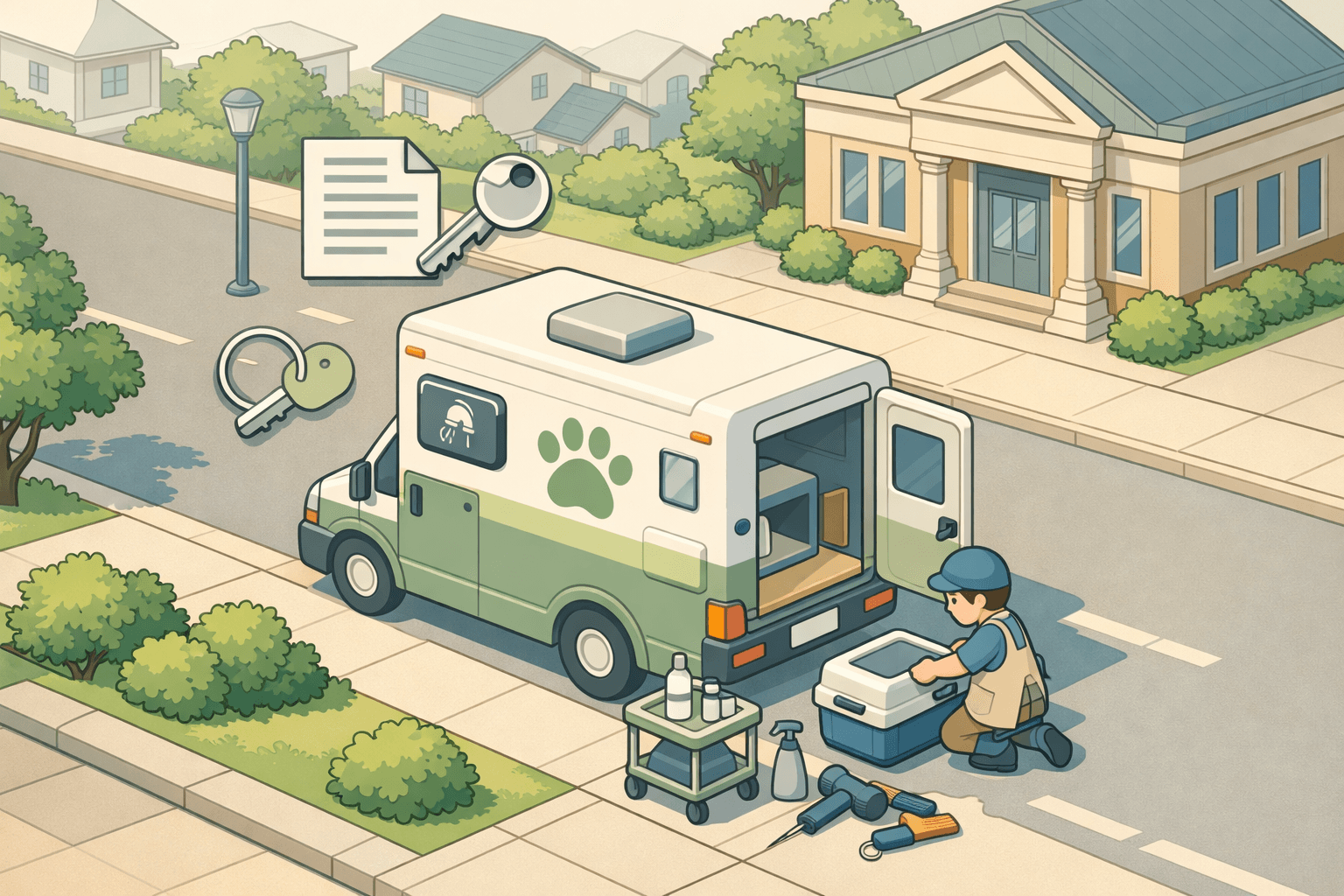 A mobile pet grooming van parked on a suburban street with grooming equipment and a small business owner nearby.