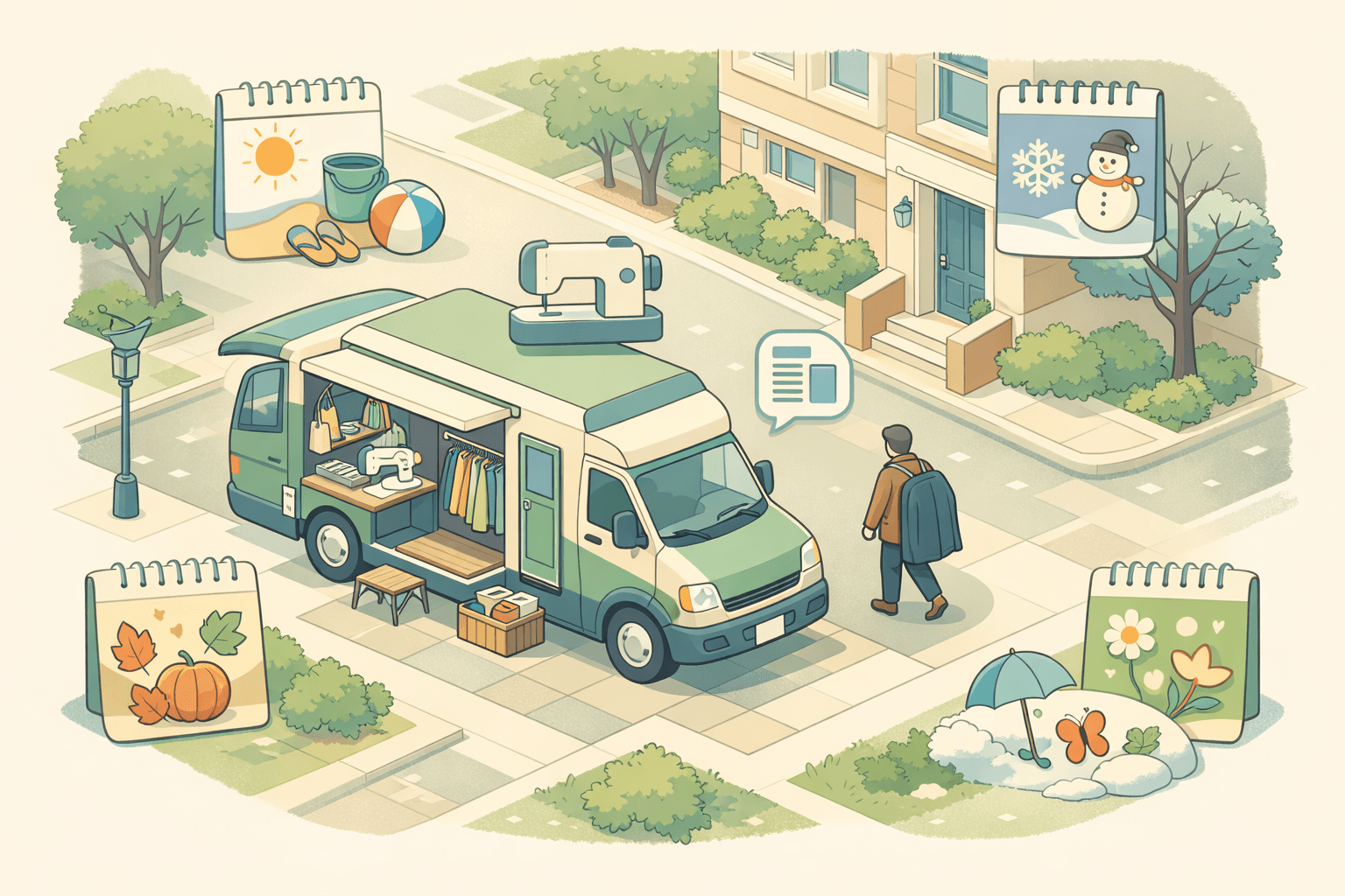 A mobile tailoring van parked outside a home with a small figure carrying garments and floating loan document icons nearby