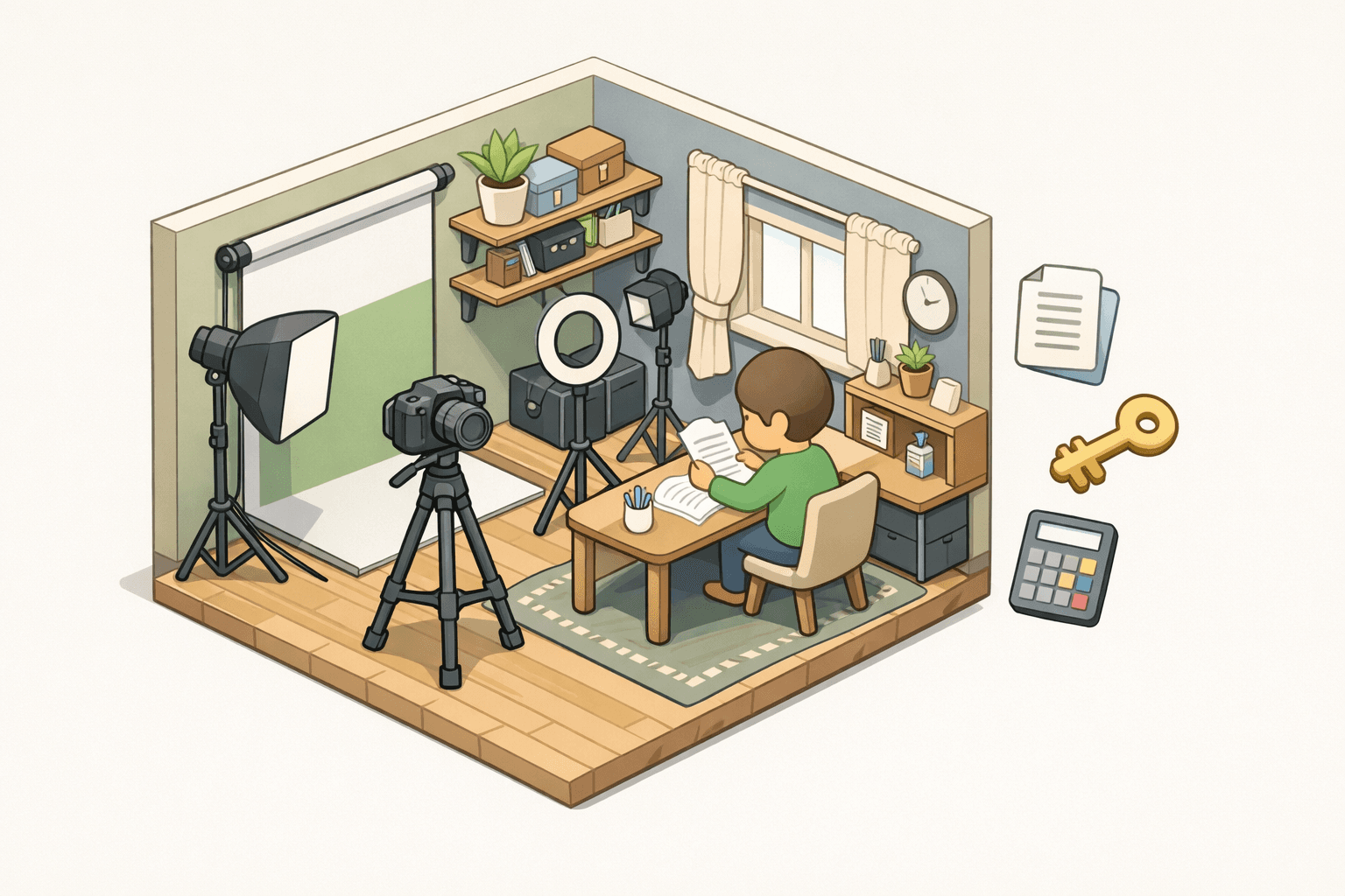 A small photography studio with professional camera gear and a person reviewing loan documents at a desk