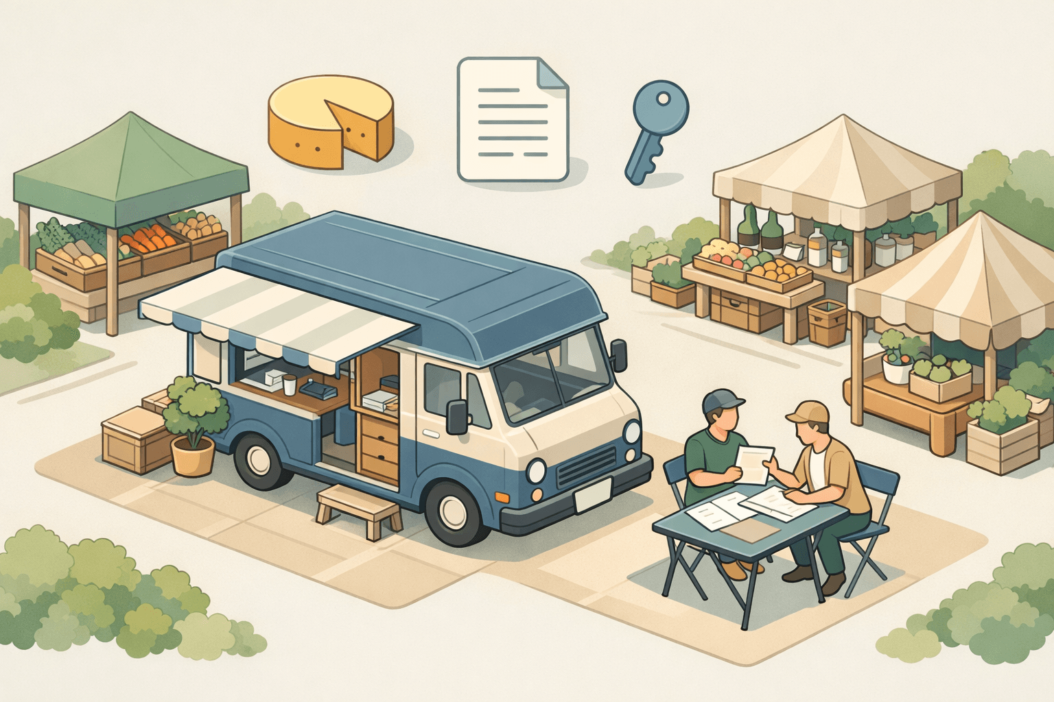 A mobile artisanal food unit parked at a farmers market with small figures and floating document and cheese icons nearby