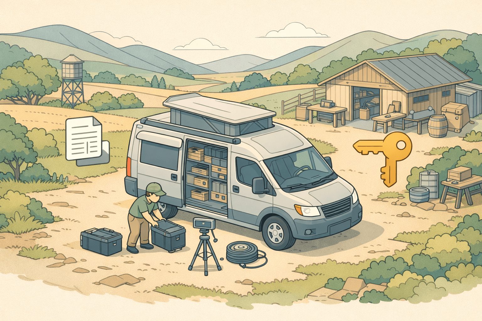A mobile service van parked outdoors with equipment and a small business owner preparing to work in a rural setting.