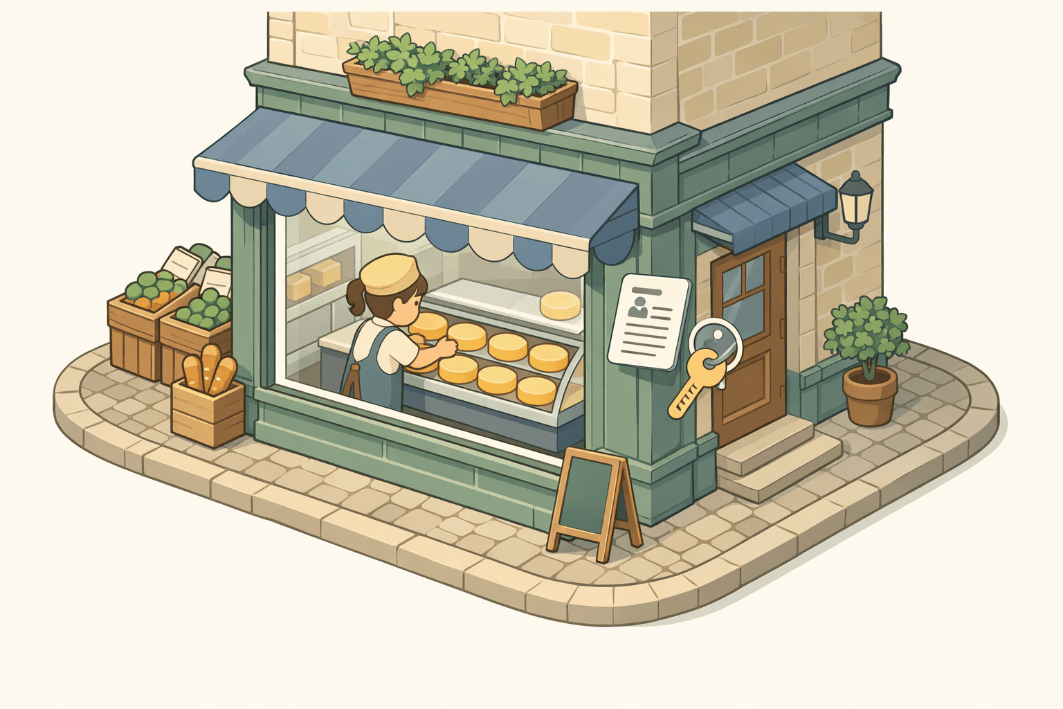 A small artisanal cheese shop on a street corner with a person arranging cheese wheels inside a refrigerated display case.