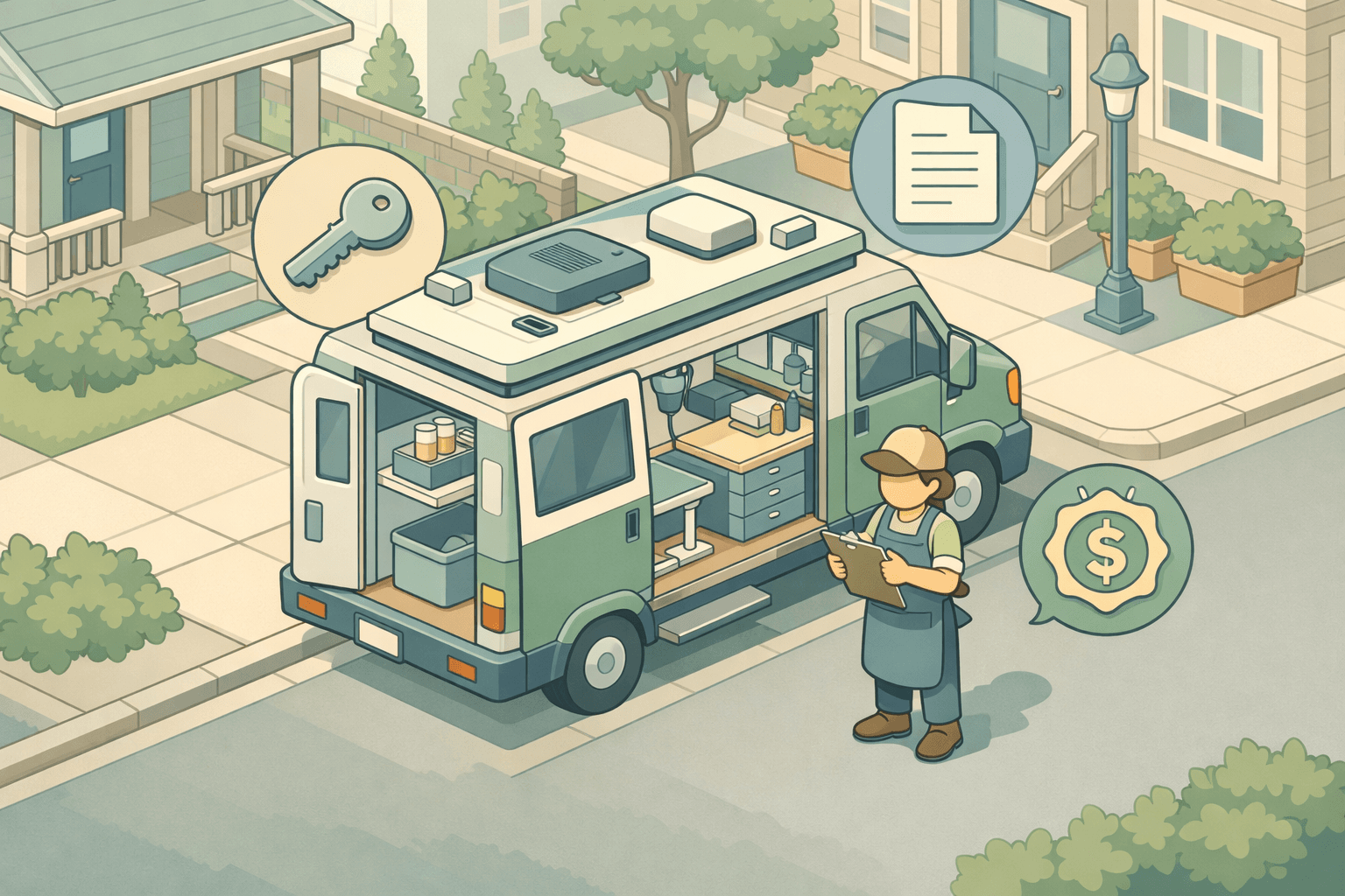 A specialized mobile dog grooming van parked on a street with a small business owner reviewing startup loan documents nearby.