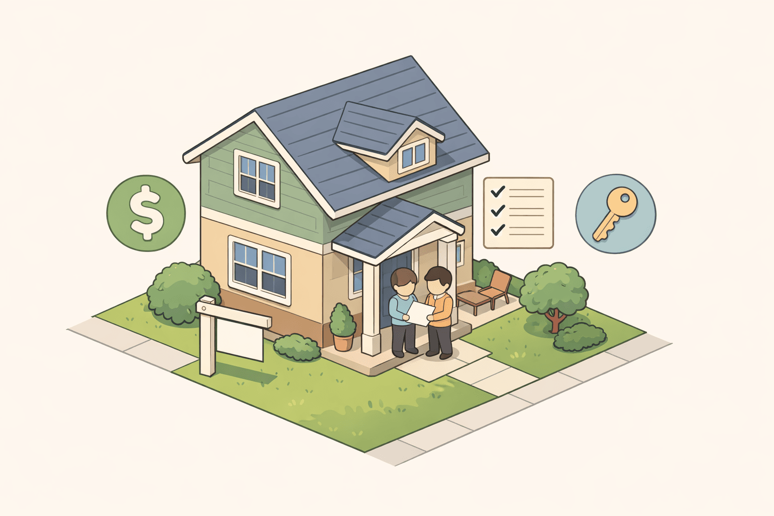 Two people reviewing closing documents outside a house purchased with a low down payment and a co-signer on a conventional loan.