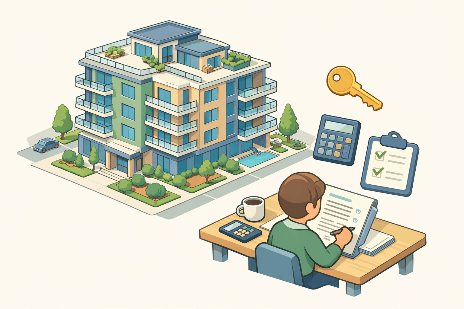 A stylized isometric condo building with a buyer reviewing loan documents and HOA assessment papers at a nearby desk