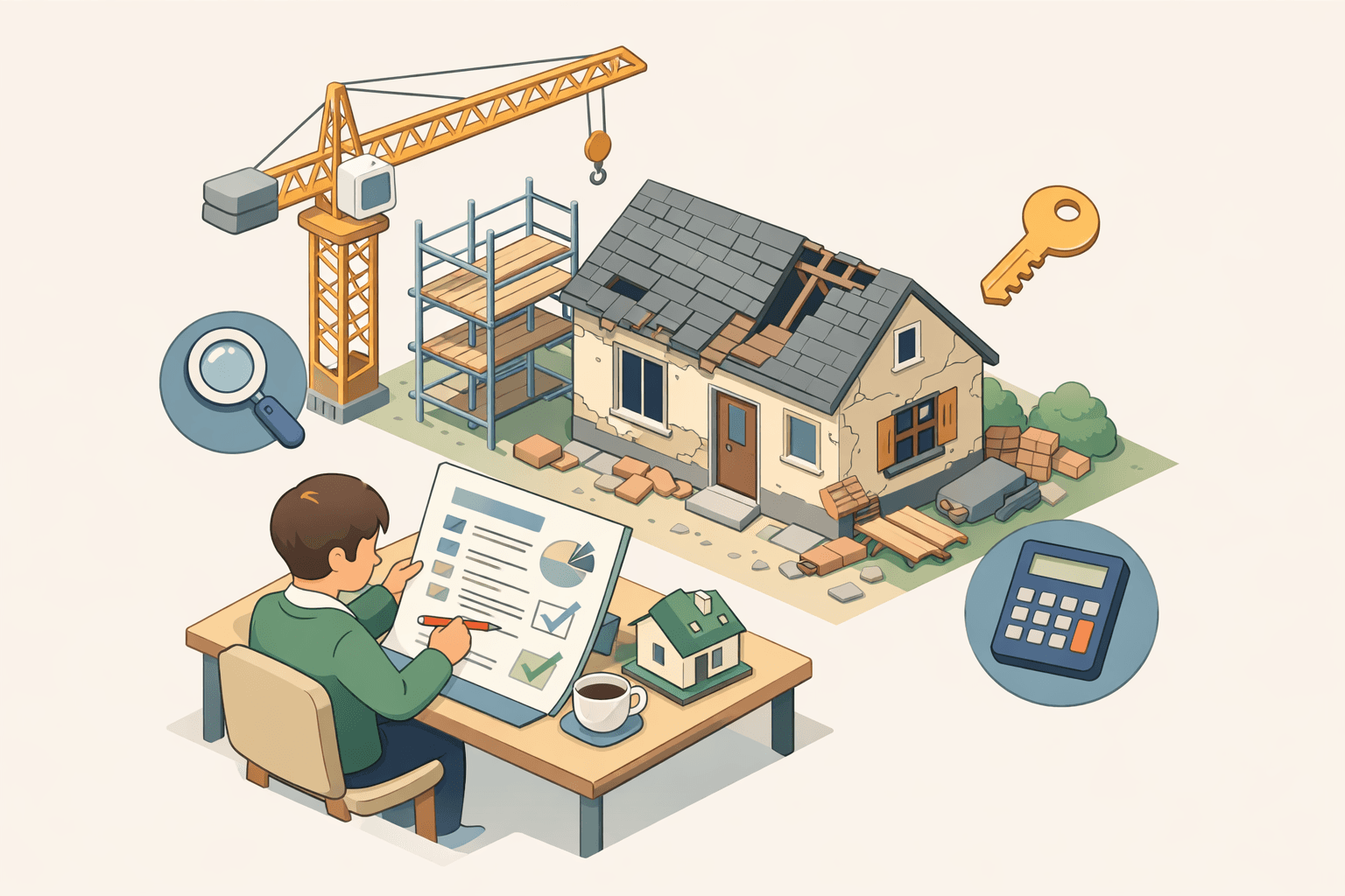 A fixer upper house under renovation beside a desk where someone reviews mortgage closing cost documents