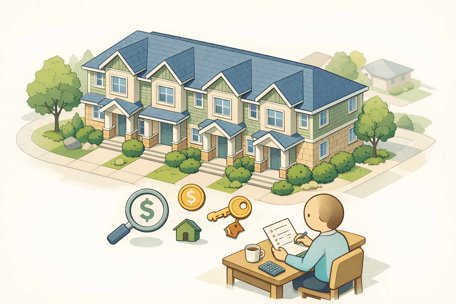 A four-unit residential building with a figure reviewing loan documents and cost icons nearby in a pastel neighborhood scene