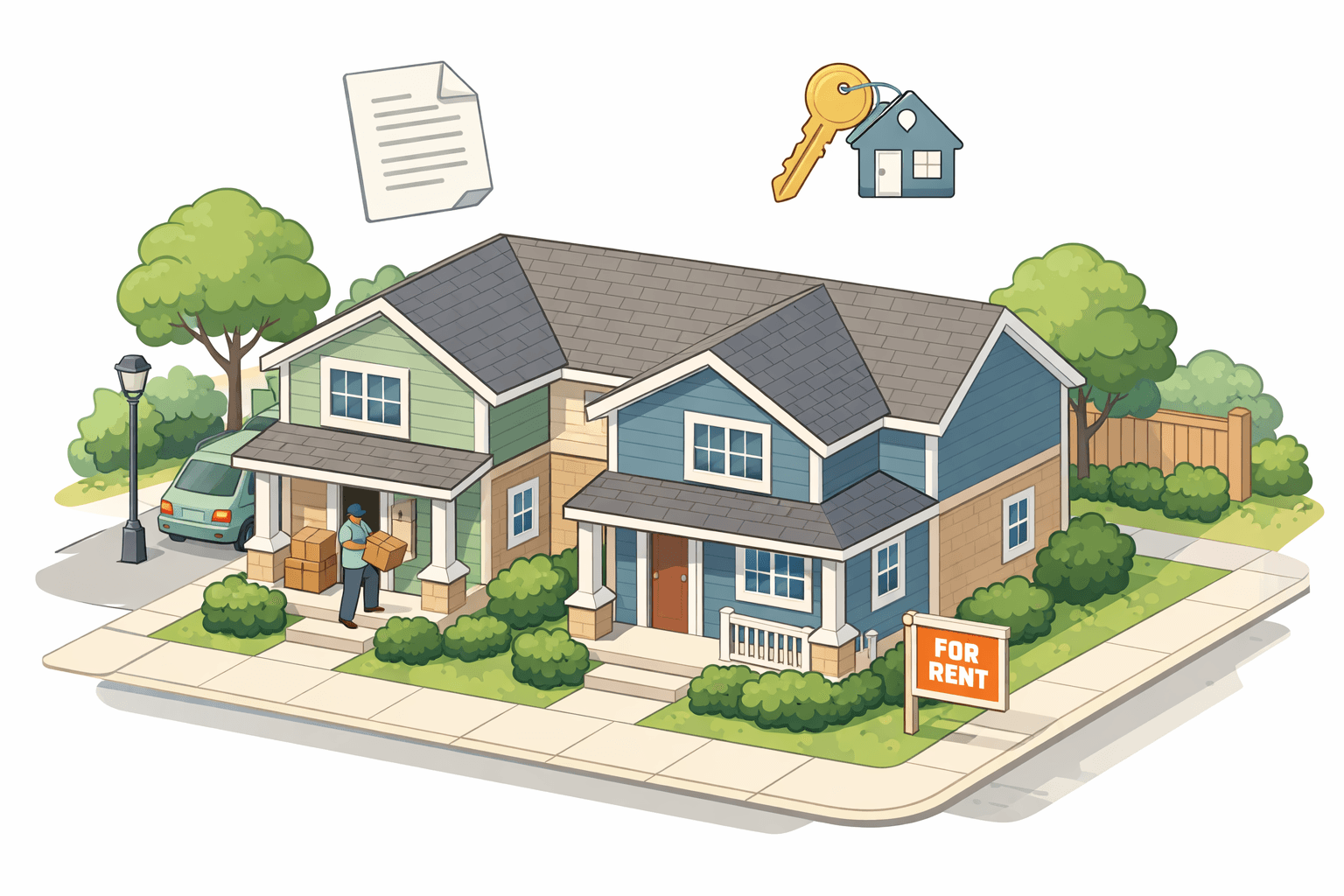 Isometric duplex property with one owner-occupied unit and one rental unit on a residential street