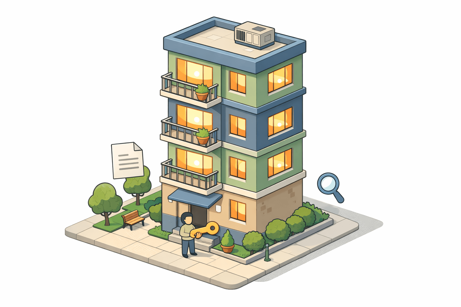 Isometric view of a four-unit residential building with a small figure holding a key outside the entrance