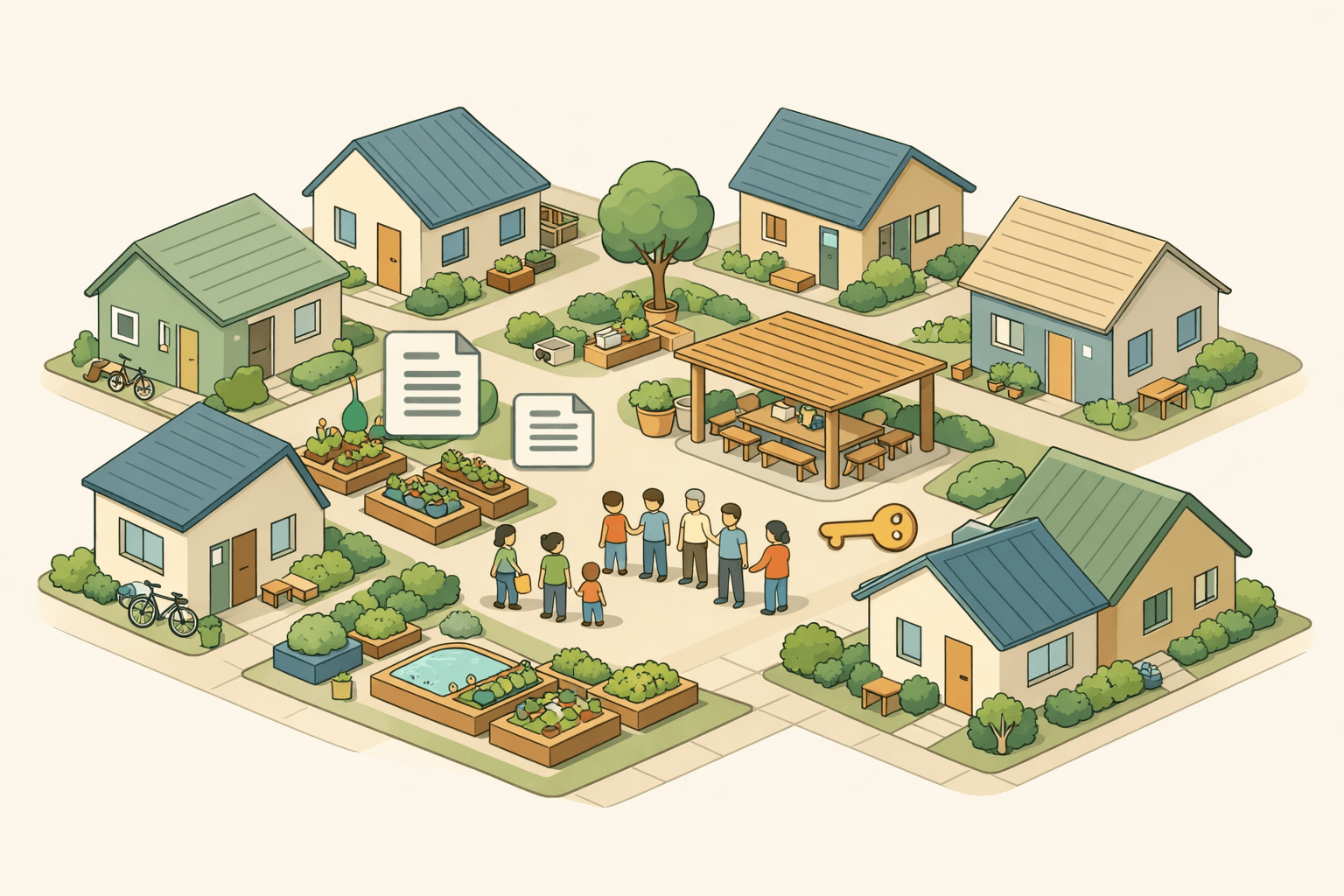 Isometric view of a co-housing neighborhood with private homes surrounding shared courtyard amenities and tiny stylized residents