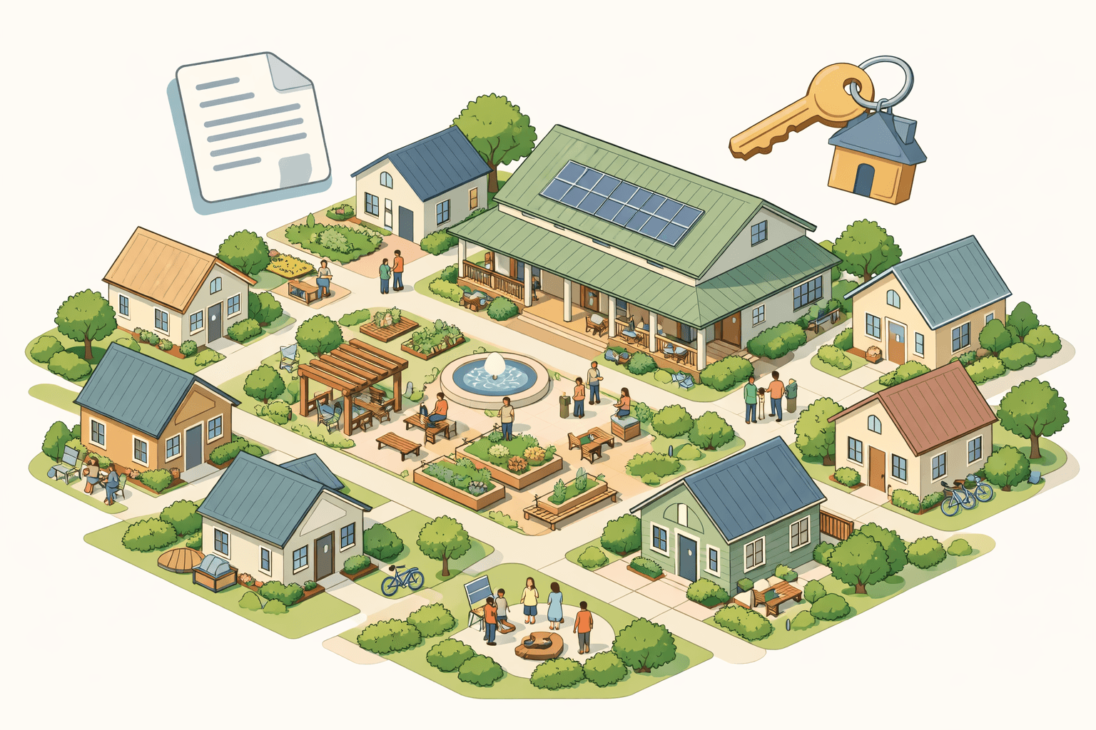 Isometric view of a co-housing neighborhood with shared amenities and small private homes arranged around a communal building