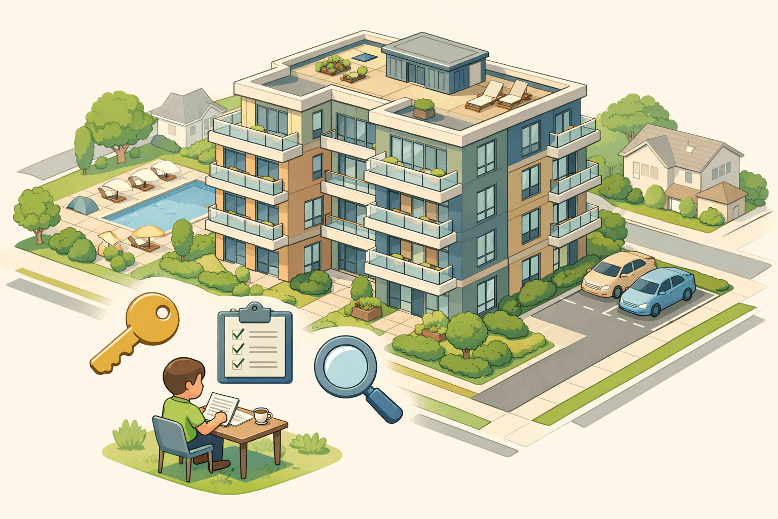 A person reviews condo financing documents outside a modern multi-story condominium building in a suburban neighborhood.
