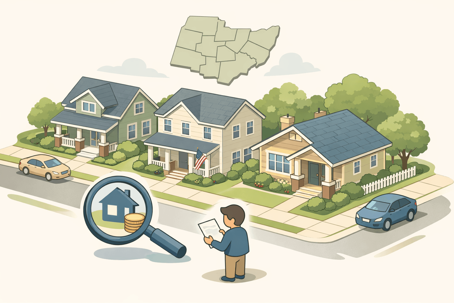Isometric illustration of existing homes on a neighborhood street with a figure reviewing loan documents nearby