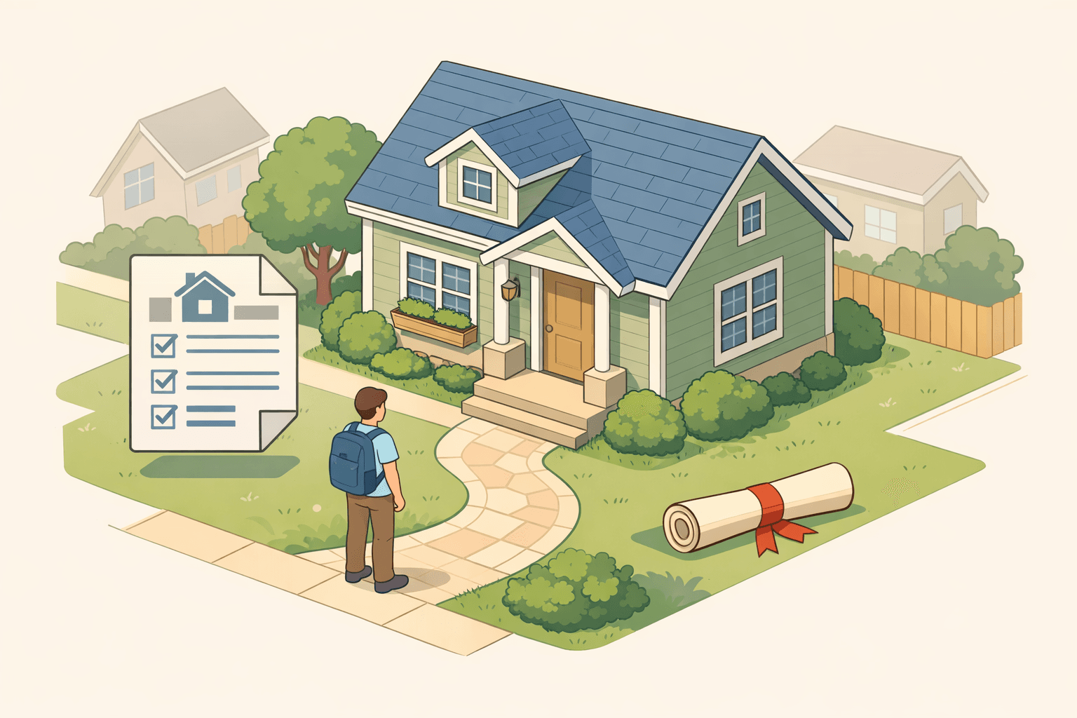 A first time homebuyer stands in front of a house with documents and a diploma icon representing FHA loans and student debt.