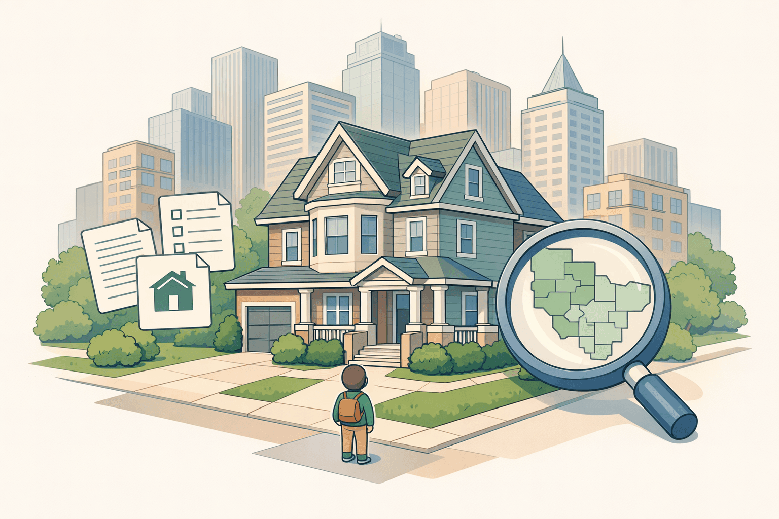 A person reviewing FHA loan documents in front of a home in a high-cost urban neighborhood with city buildings nearby.