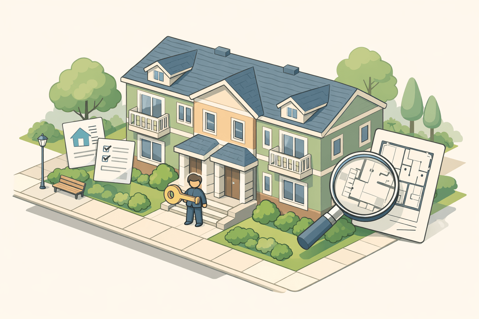 A small figure stands outside a four-unit residential building holding a key, with floating document and magnifying glass icons nearby.