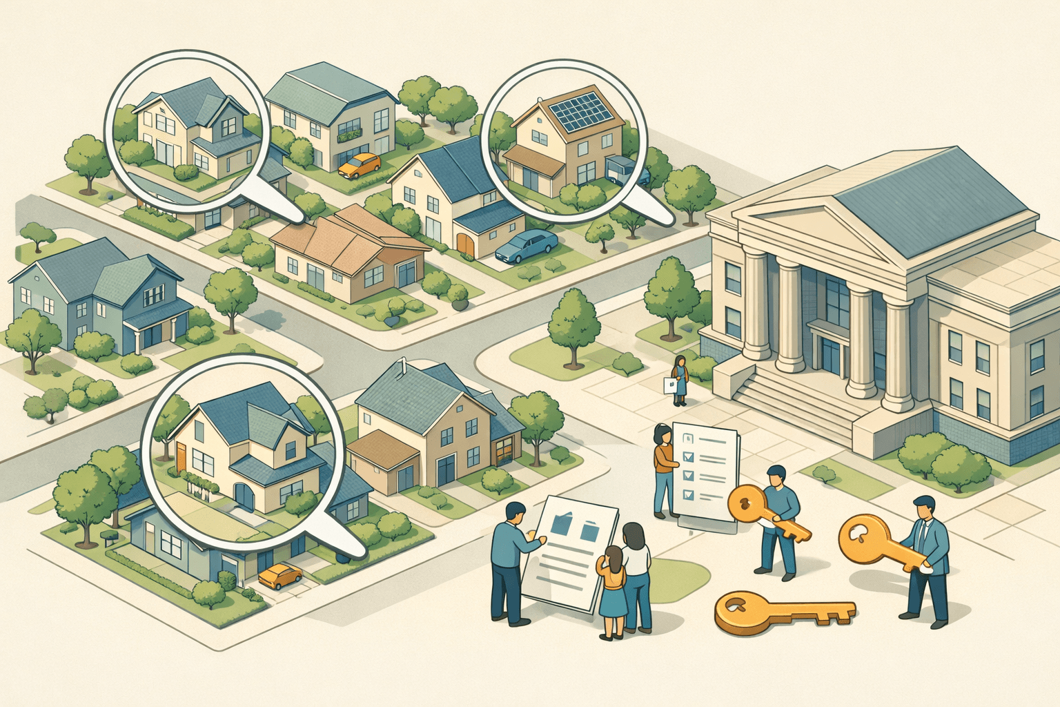 Isometric view of a high-cost urban neighborhood with single-family homes and a lending institution building nearby