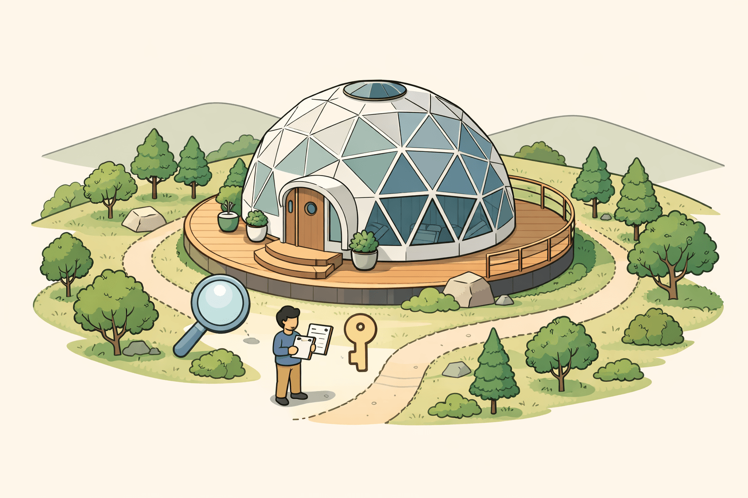 A geodesic dome home with a unique circular foundation on a hillside, with a person reviewing documents outside.