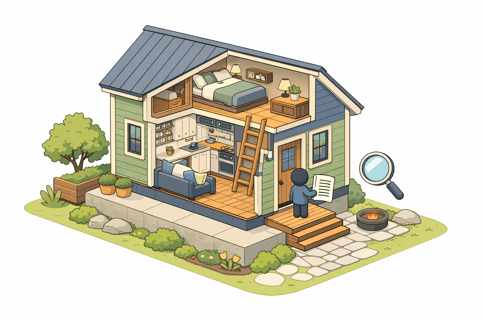 A small tiny home with a visible loft bedroom cutaway sitting on a permanent foundation with a figure reviewing documents outside.
