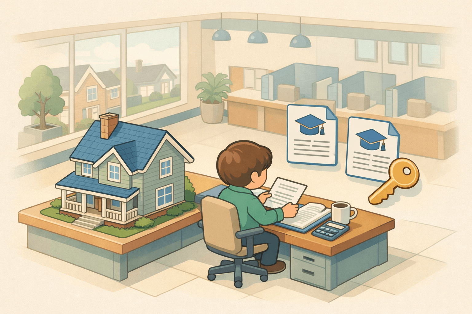 A person reviews mortgage documents at a bank desk beside a model house with student loan files nearby