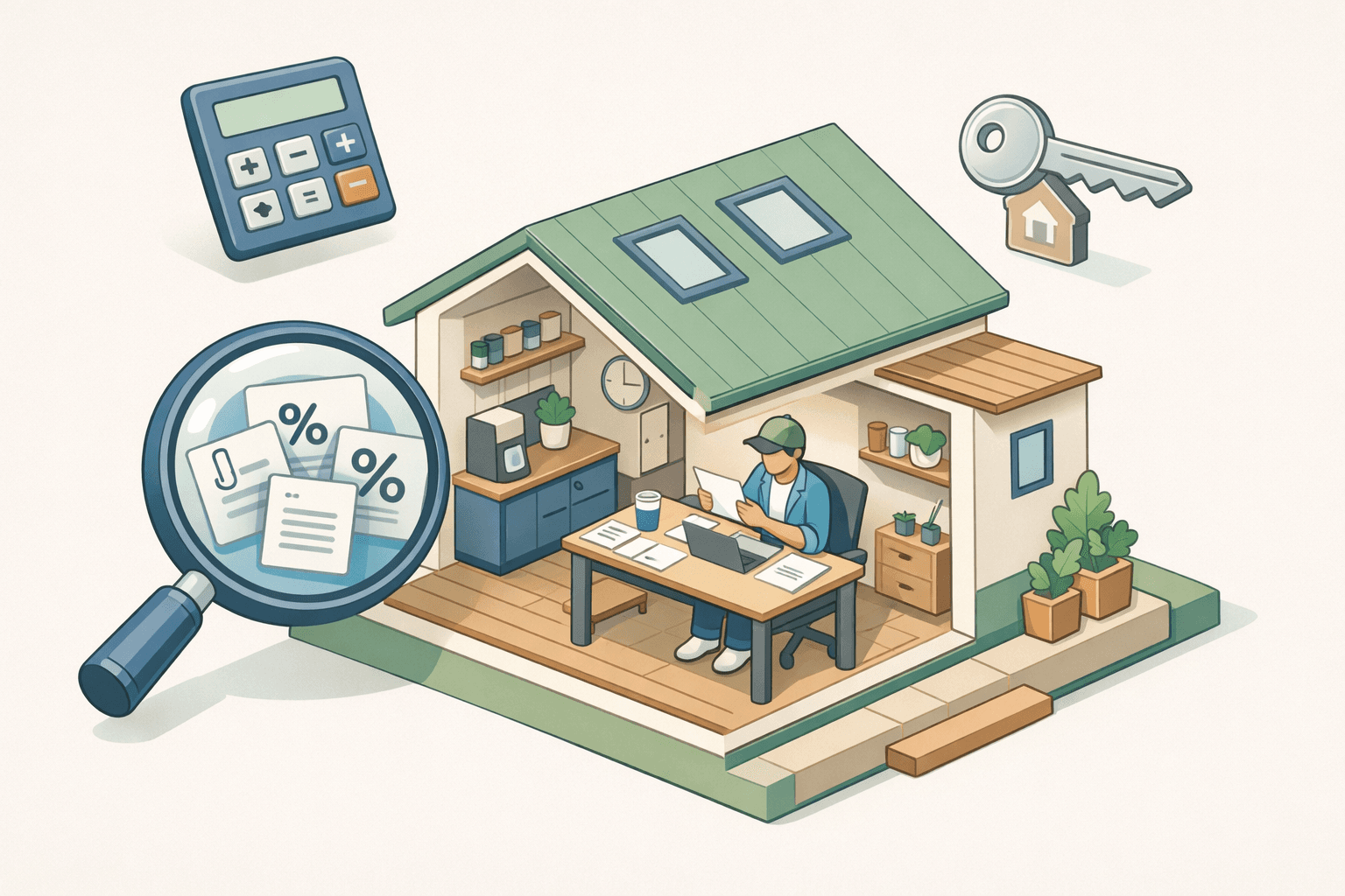 Self-employed homeowner reviewing HELOC documents at a desk inside a modern home with equity and rate icons nearby