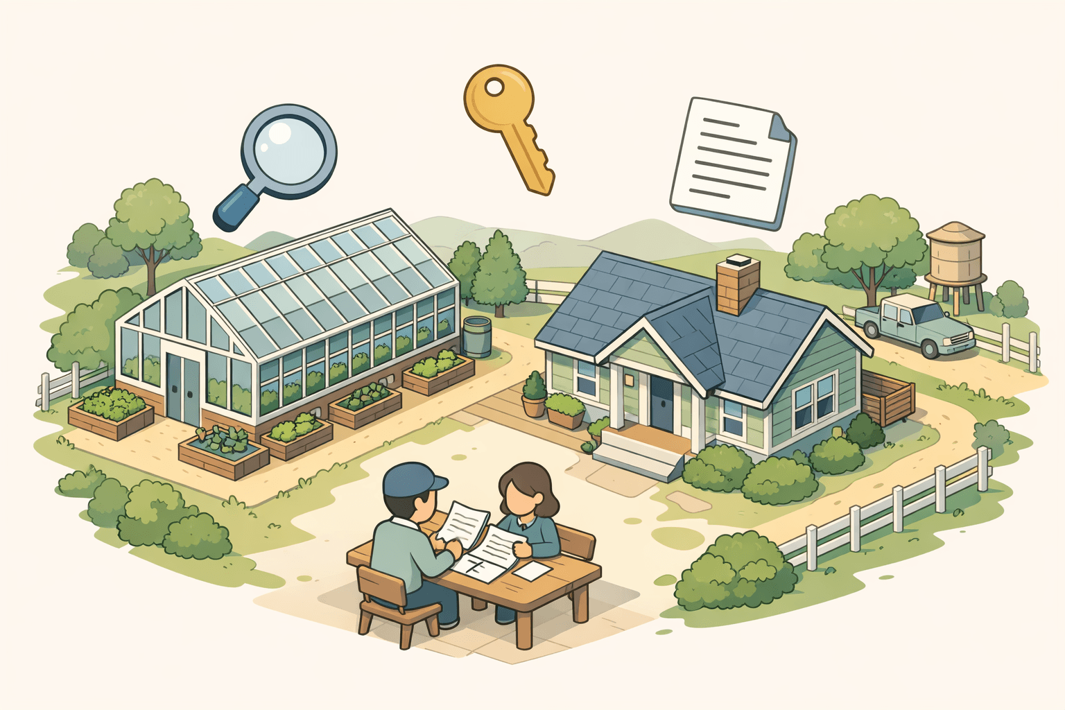 A residential property with a large commercial greenhouse beside a home, depicted in a clean isometric style with soft pastel tones.