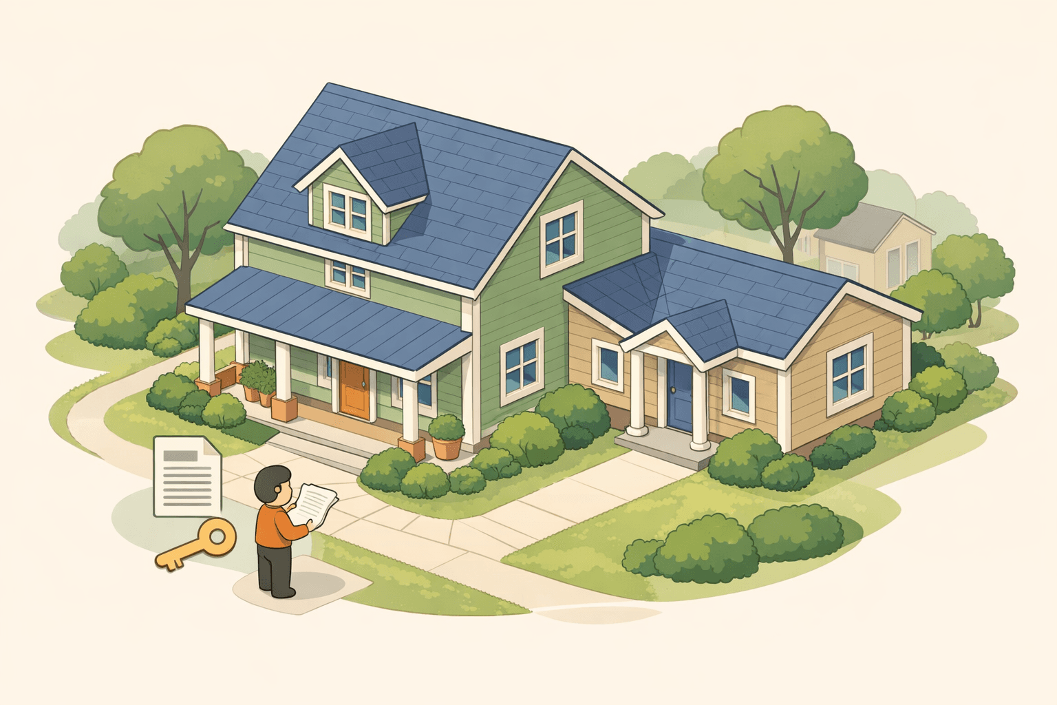 A house with a separate in-law suite beside it, showing a homeowner reviewing loan documents near the entrance.