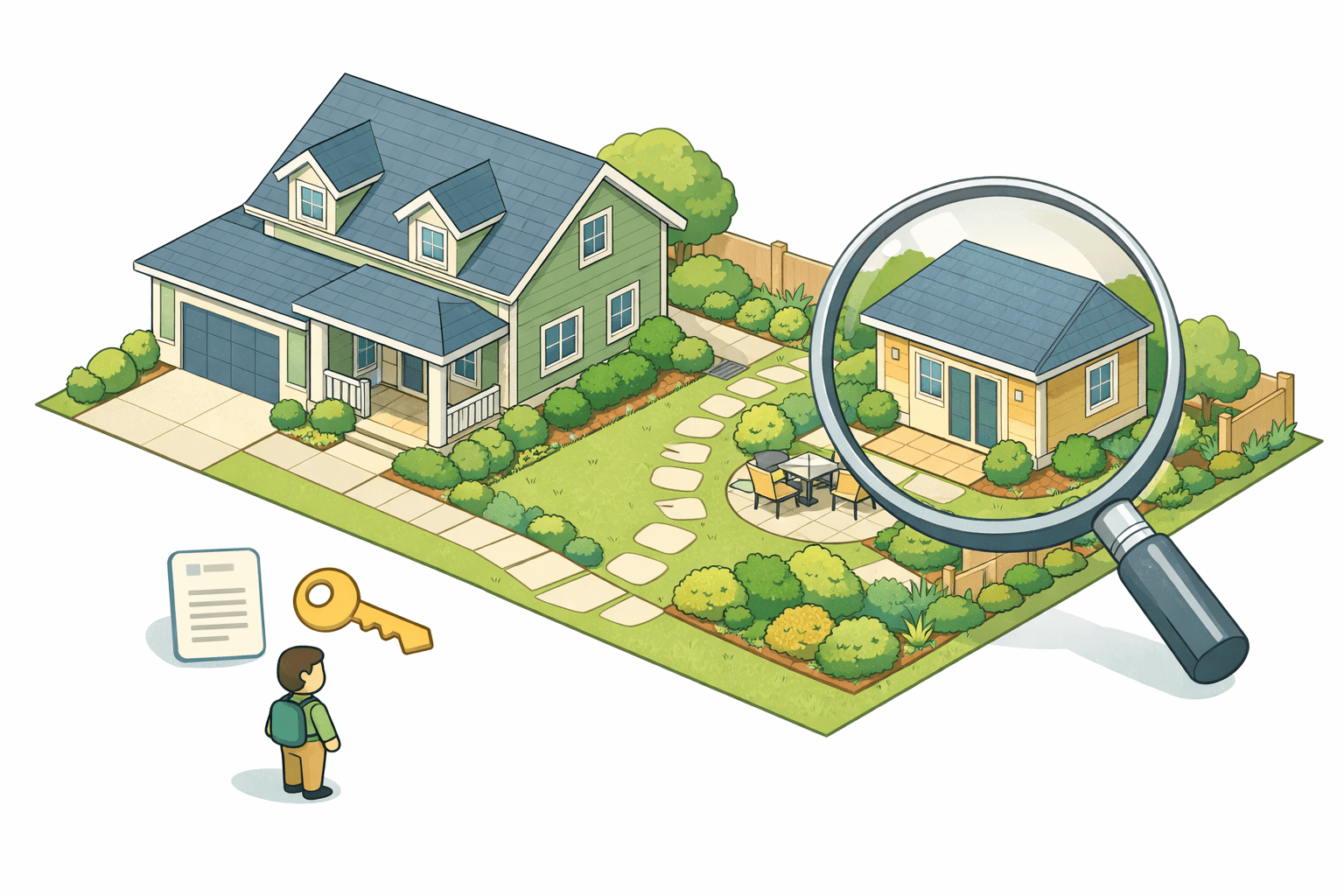 Isometric view of a home with a backyard accessory dwelling unit and floating financial document icons nearby
