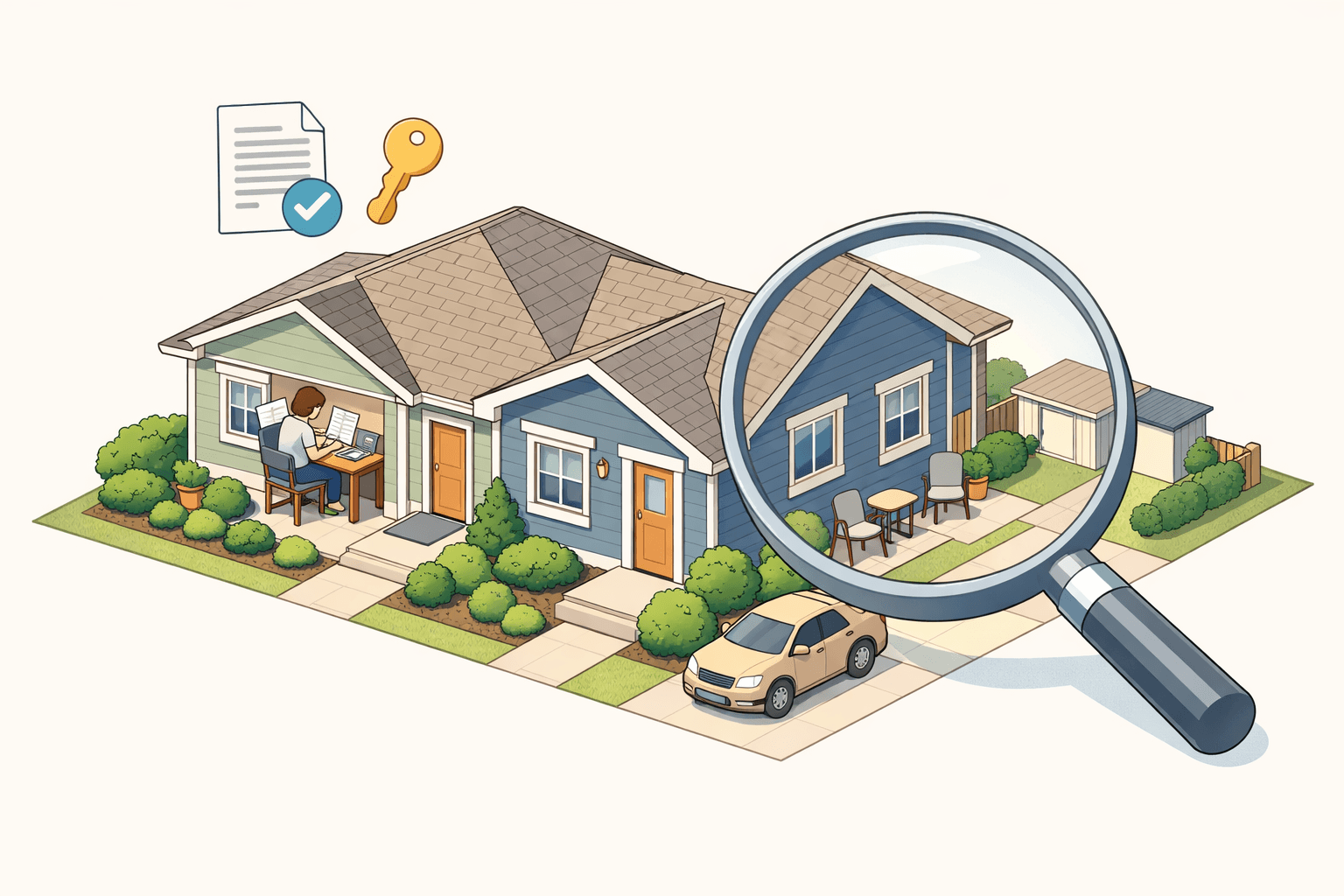 Isometric view of a home with an attached duplex unit and small figures reviewing financial documents outside
