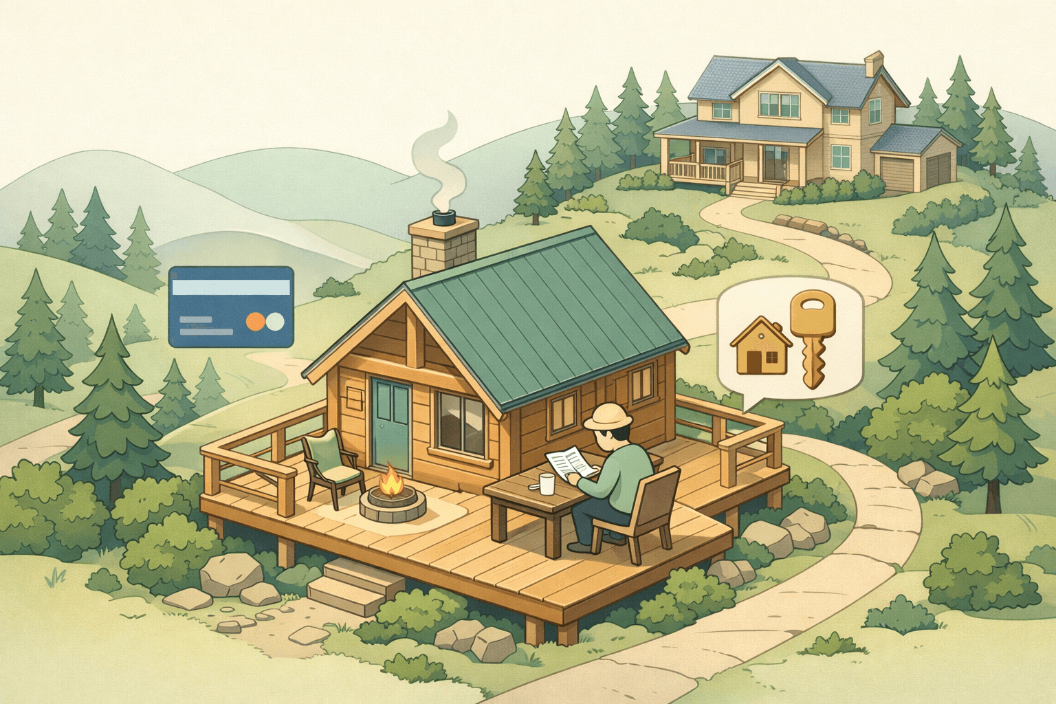 A vacation rental cabin on a hillside with a homeowner reviewing financing documents outside, representing home equity lending for seasonal rentals.