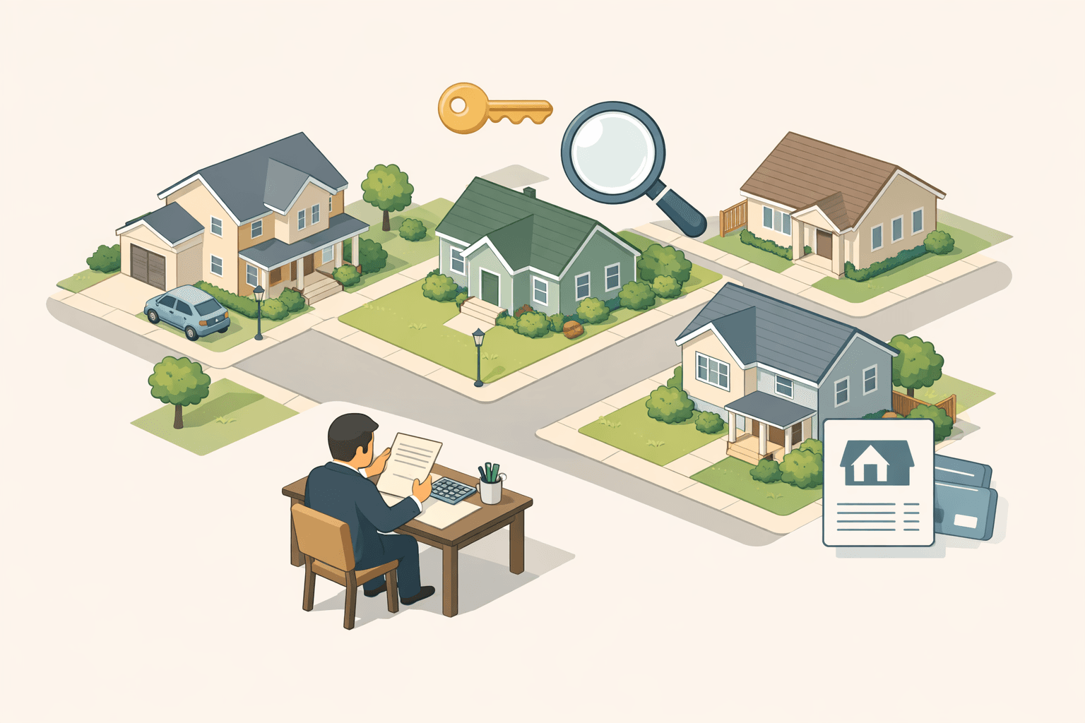 Isometric view of single-family rental homes in a neighborhood with a small figure reviewing equity documents at a desk