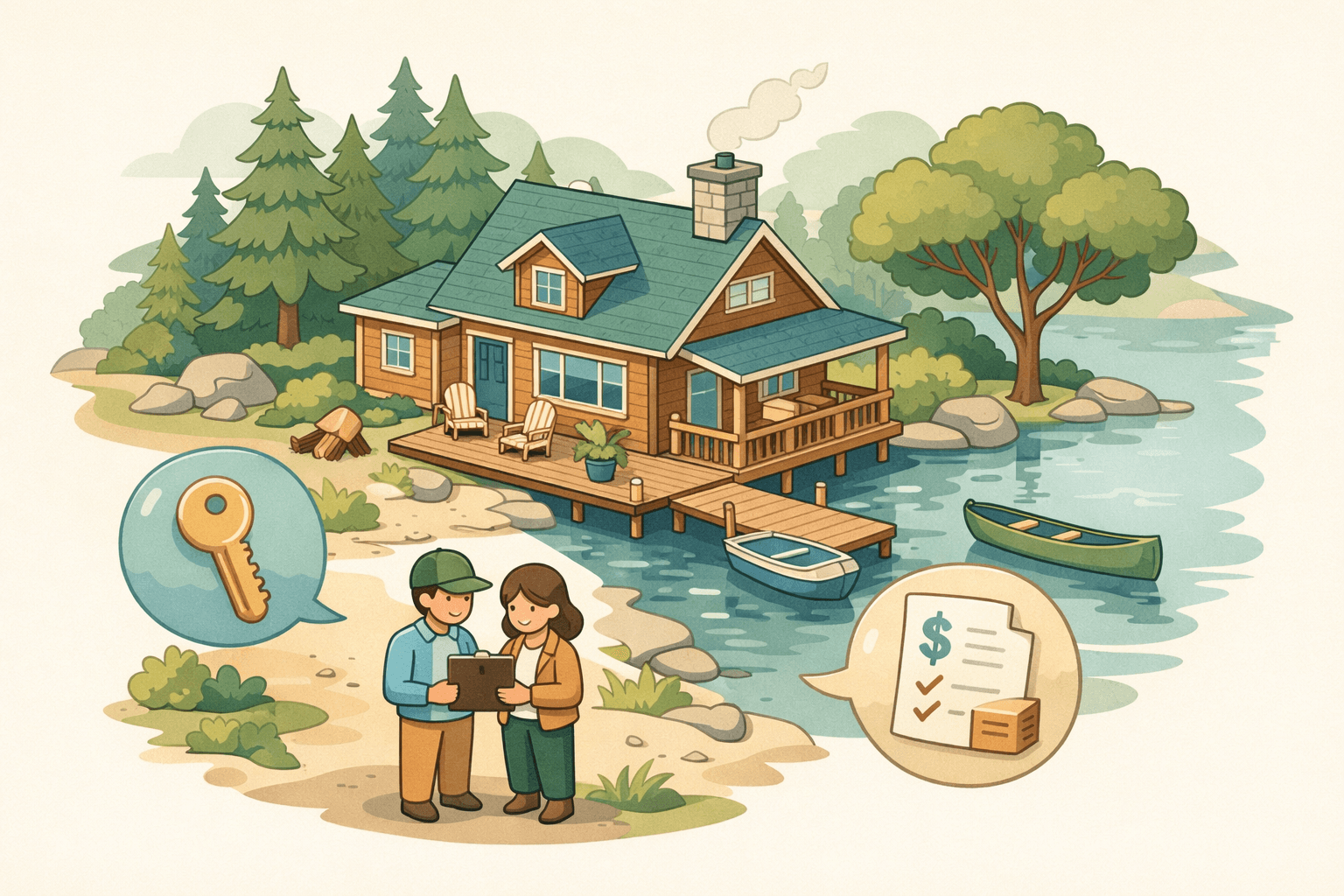 Two co-owners reviewing documents outside a lakefront vacation cabin representing a shared property HELOC application