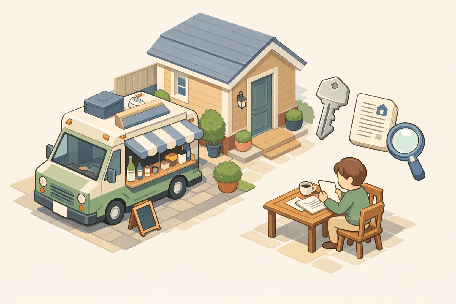 A food truck parked near a home with a person reviewing loan documents at a table outside