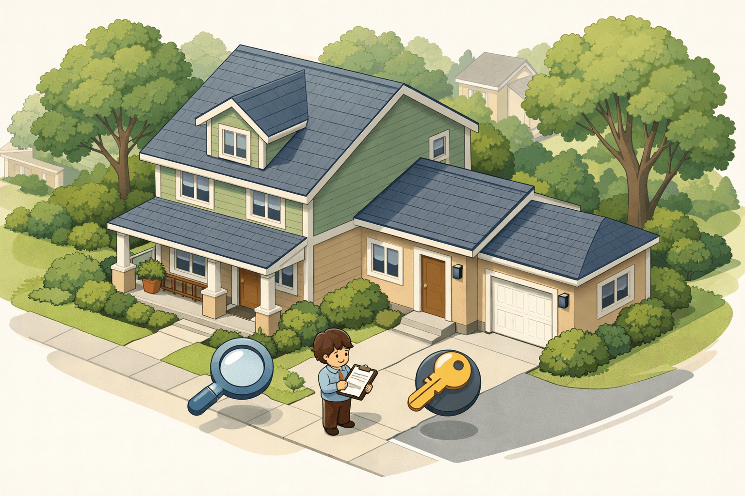 A two-story home with an attached in-law suite and a person reviewing documents near the entrance on a quiet residential street.