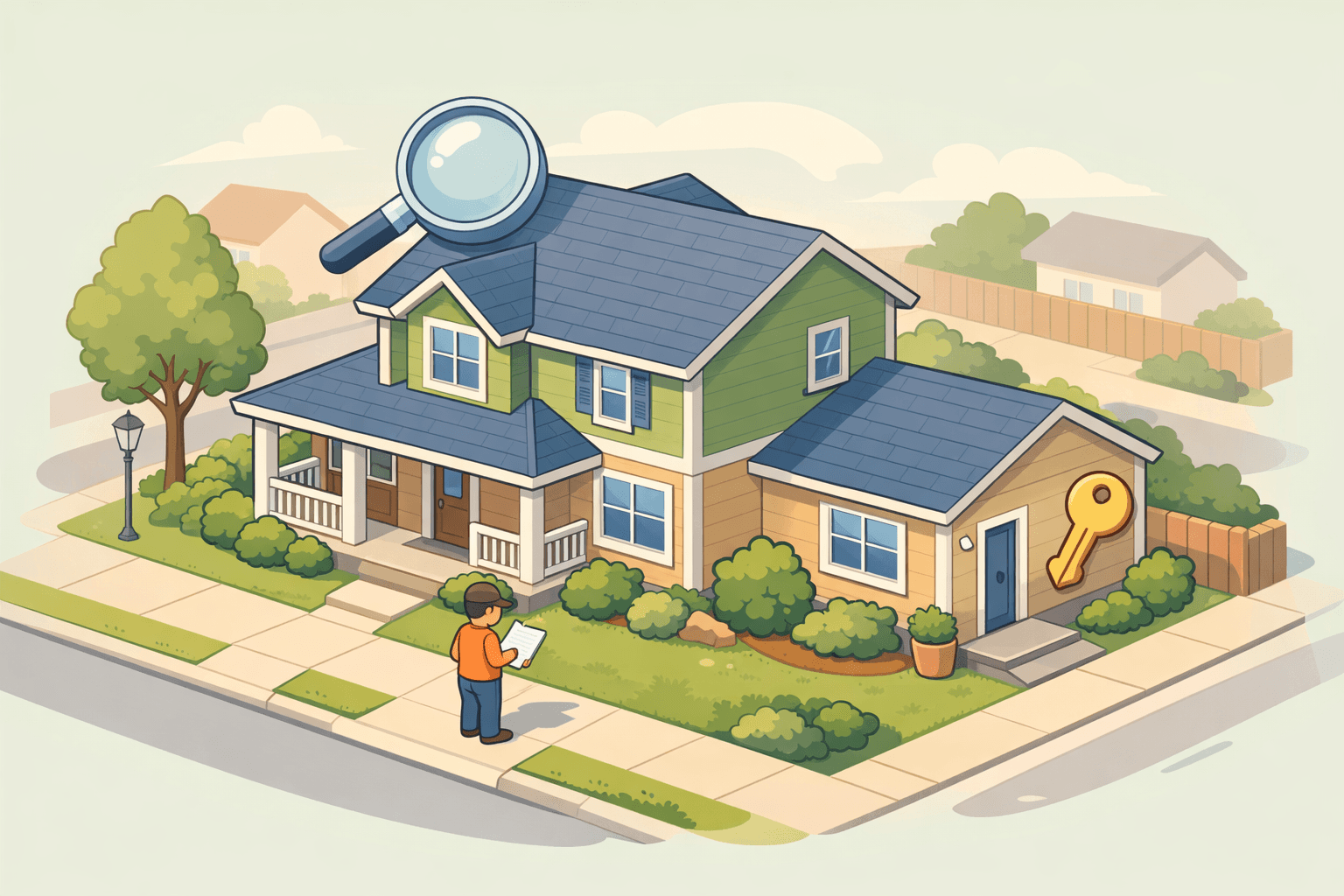 Isometric home with an attached accessory dwelling unit and a small figure reviewing loan documents outside