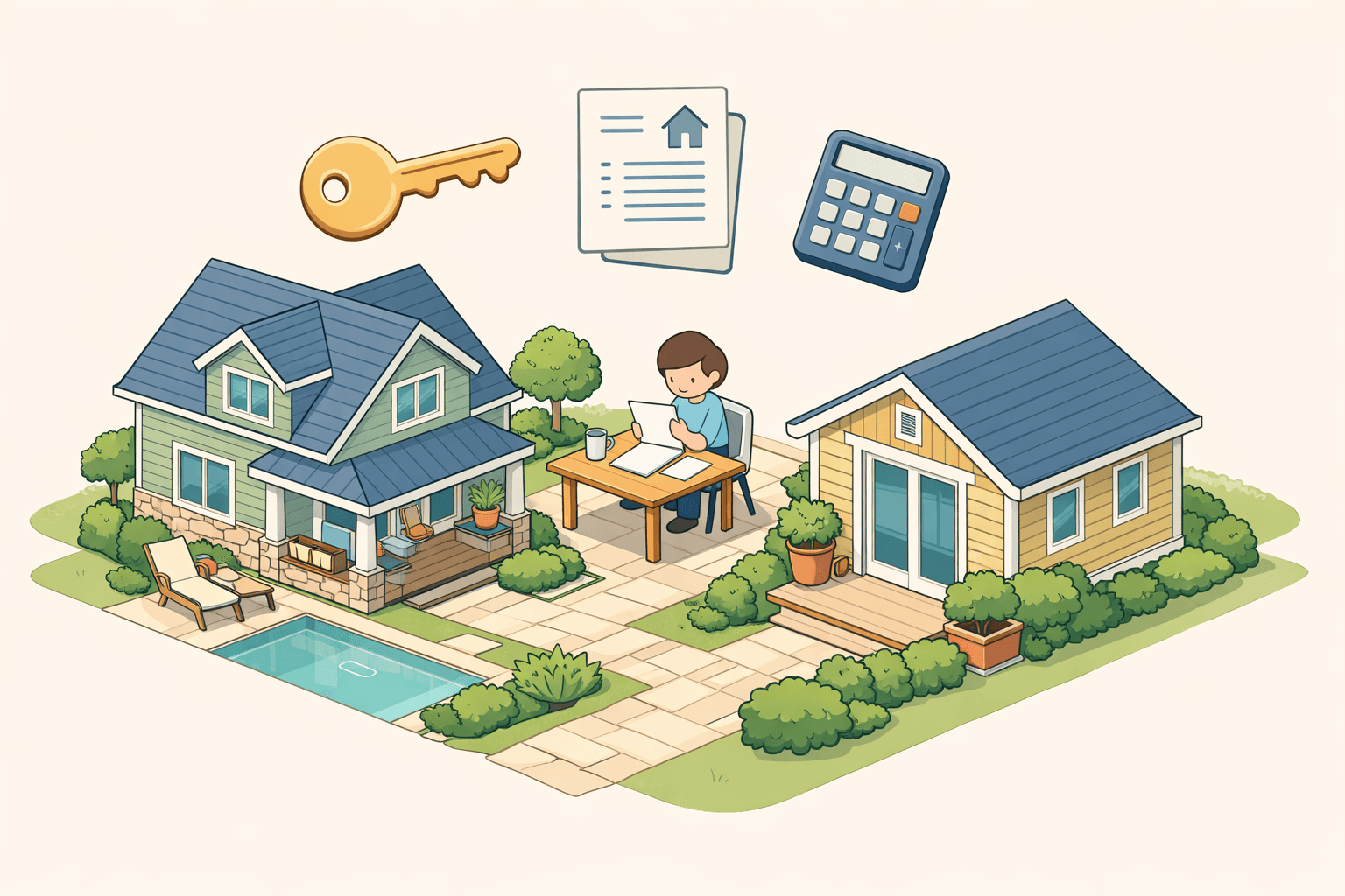 A main house and detached guest house on the same property with a person reviewing loan documents outside