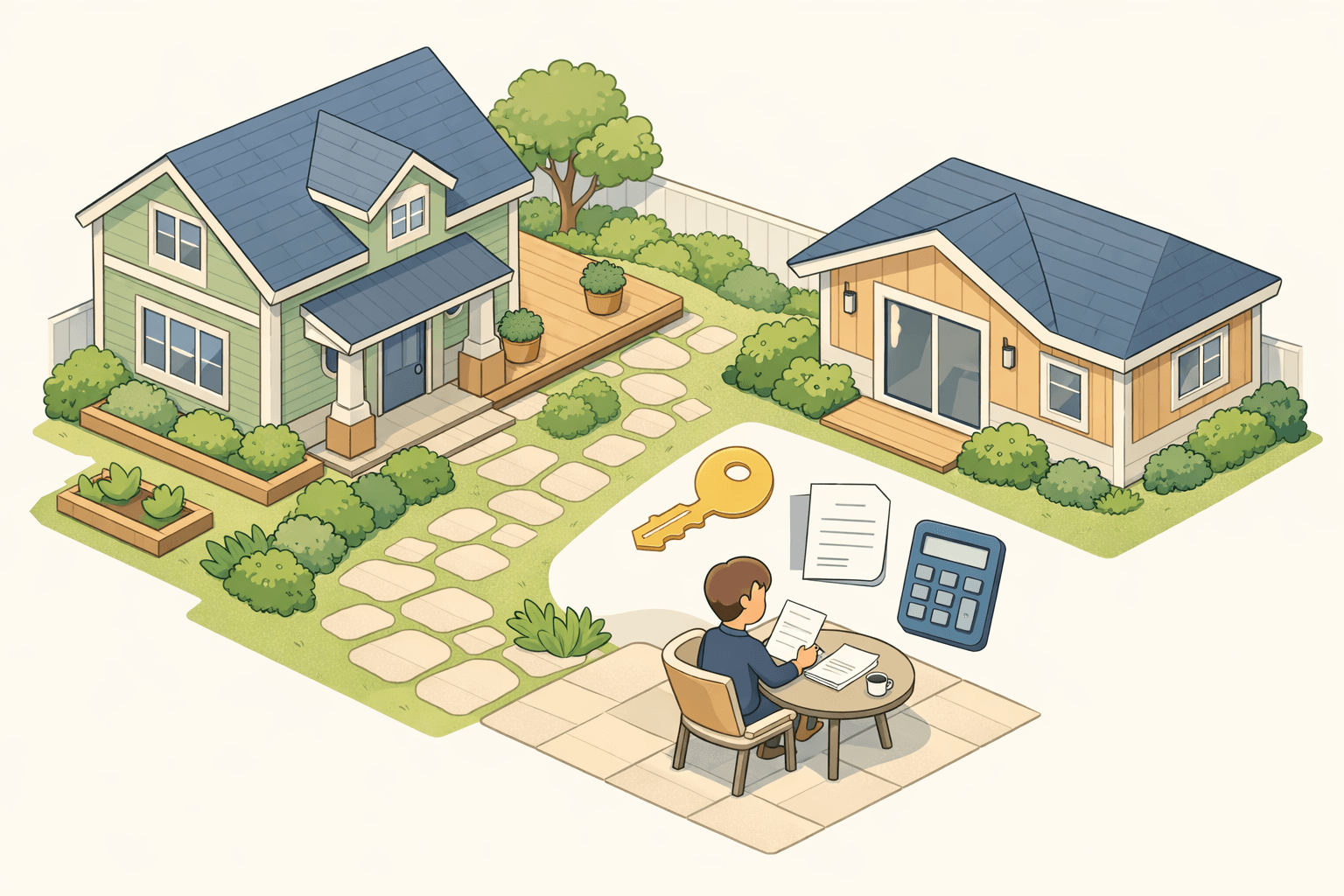 A home with a small accessory dwelling unit in the backyard, with document and key icons suggesting a HELOC review process.